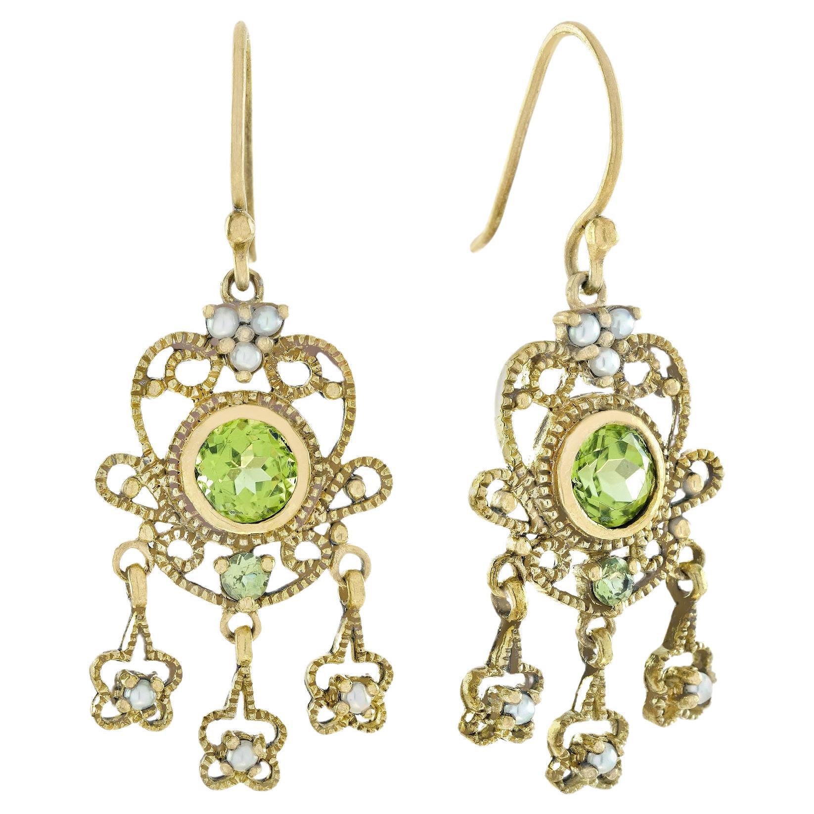 Natural Peridot and Pearl Vintage Style Floral Drop Earrings in 9K Yellow Gold For Sale