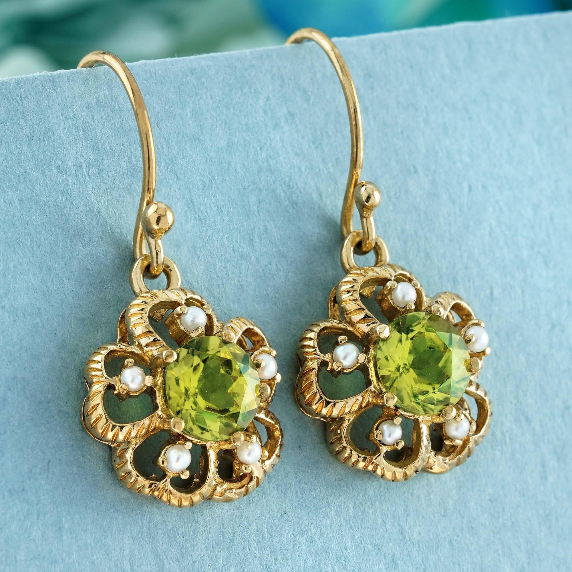 Edwardian Natural Peridot and Pearl Vintage Style Forget Me Not Drop Earrings in 9K Gold For Sale