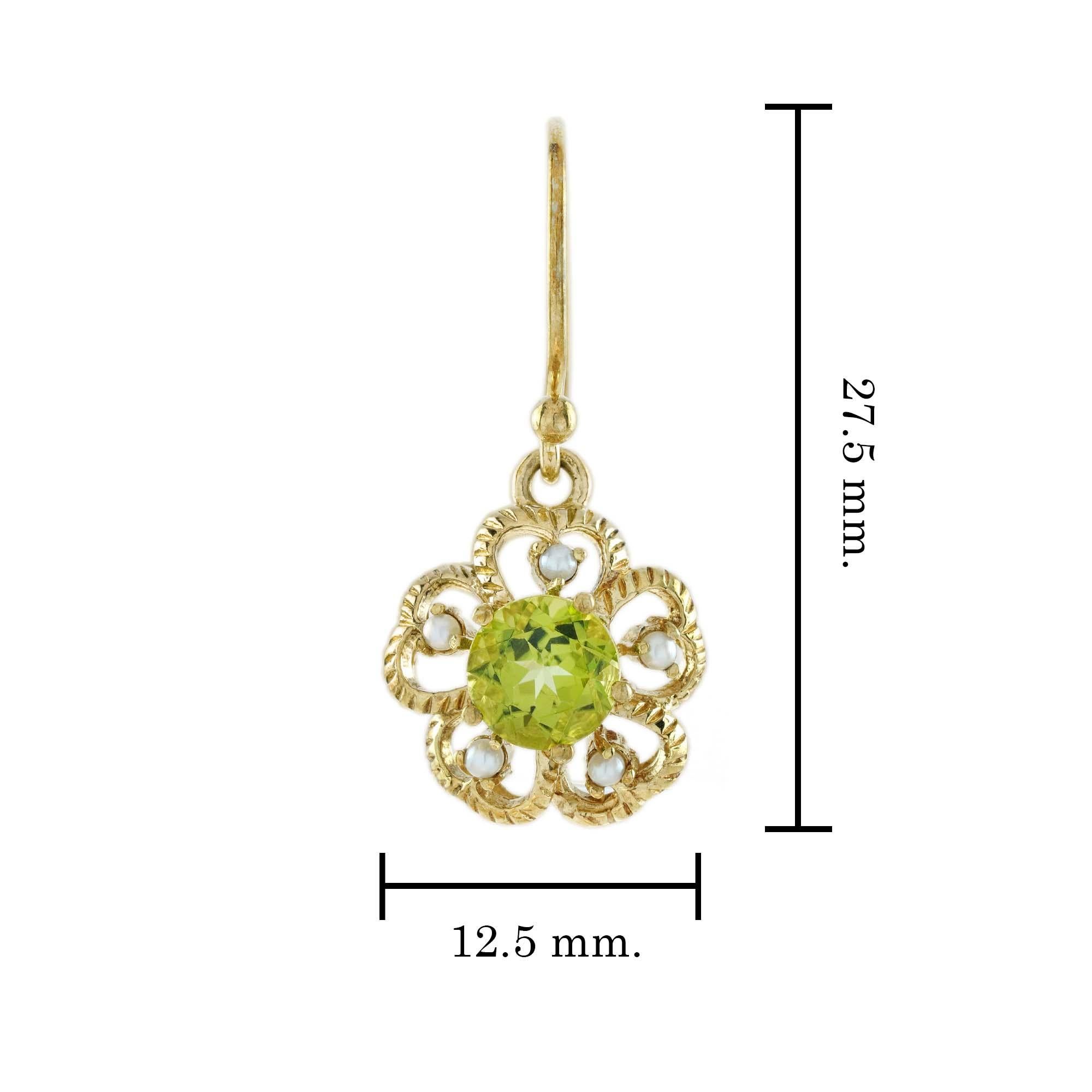 Natural Peridot and Pearl Vintage Style Forget Me Not Drop Earrings in 9K Gold In New Condition For Sale In Bangkok, TH