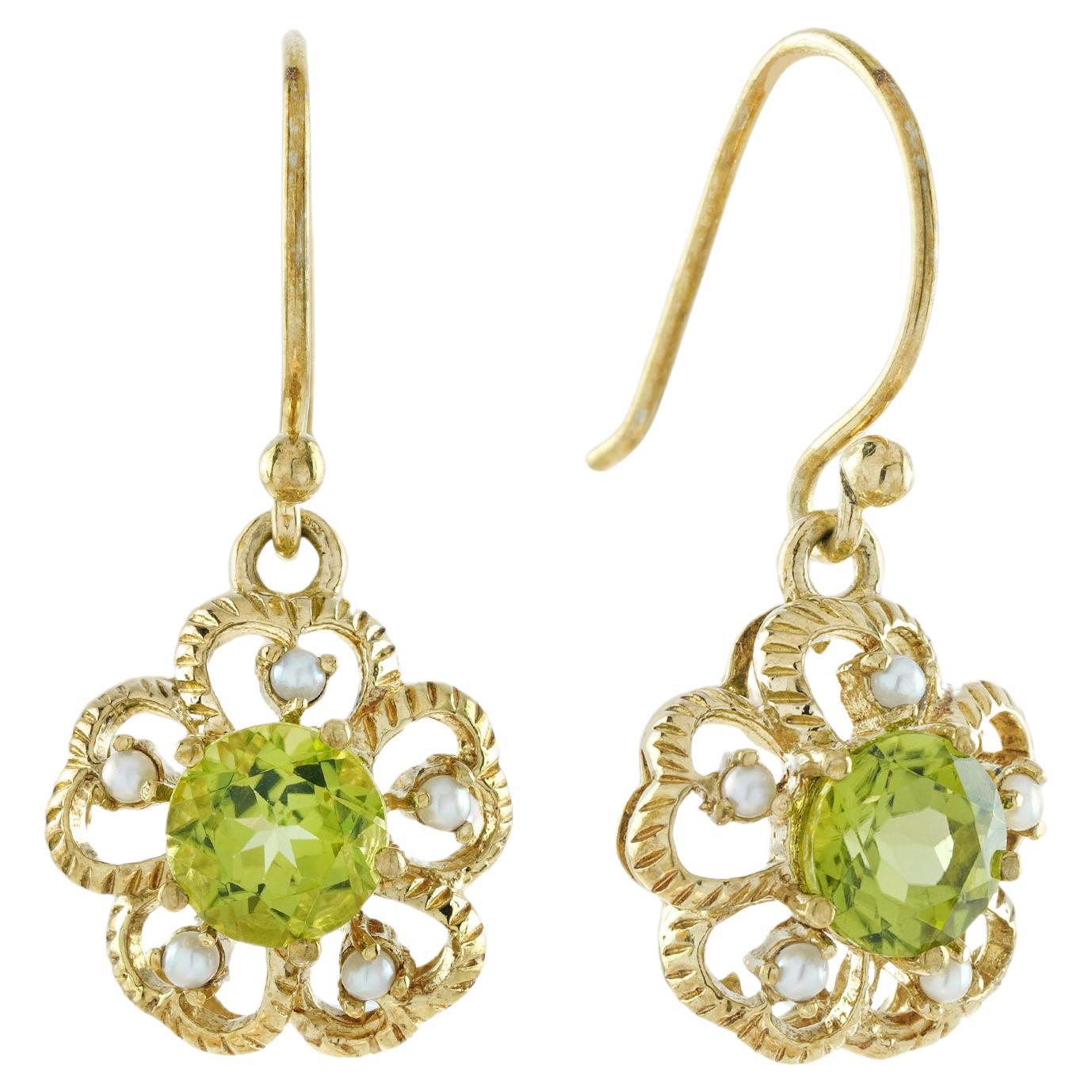 Natural Peridot and Pearl Vintage Style Forget Me Not Drop Earrings in 9K Gold For Sale