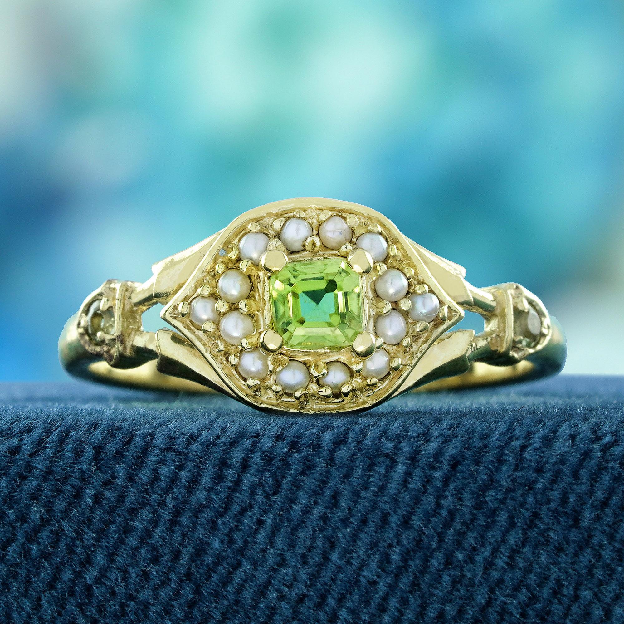 This Natural Peridot Cluster and Pearl Vintage Style Ring in Solid 9K Yellow Gold is a true masterpiece of elegance. 

The vibrant green peridots beautifully complement the soft, radiant pearls, creating a striking contrast that captures attention.