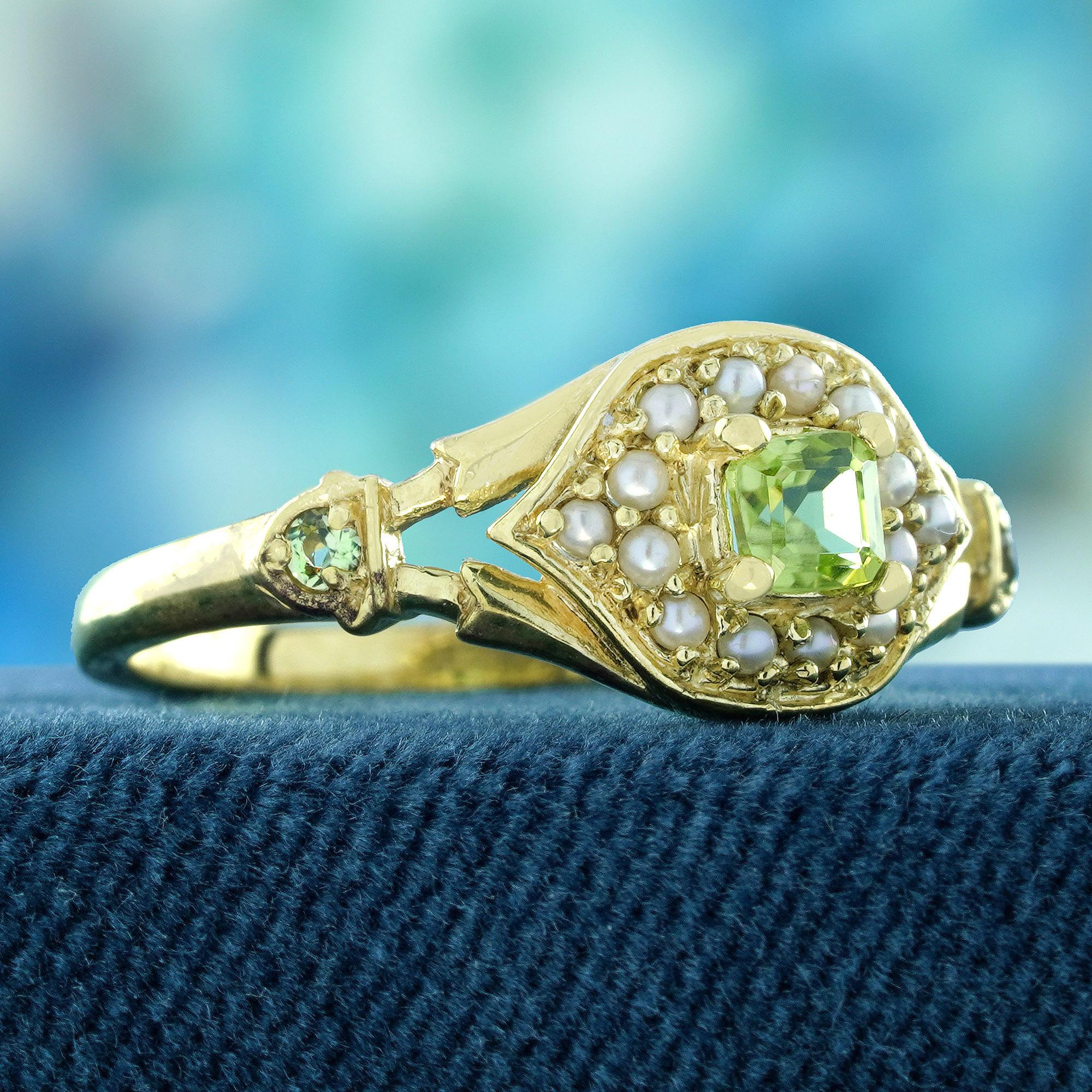 Edwardian Natural Peridot and Pearl Vintage Style  Halo Ring in Solid 9K Yellow Gold For Sale