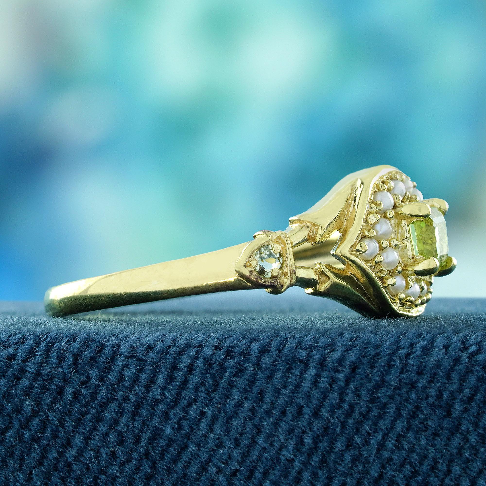 Octagon Cut Natural Peridot and Pearl Vintage Style  Halo Ring in Solid 9K Yellow Gold For Sale