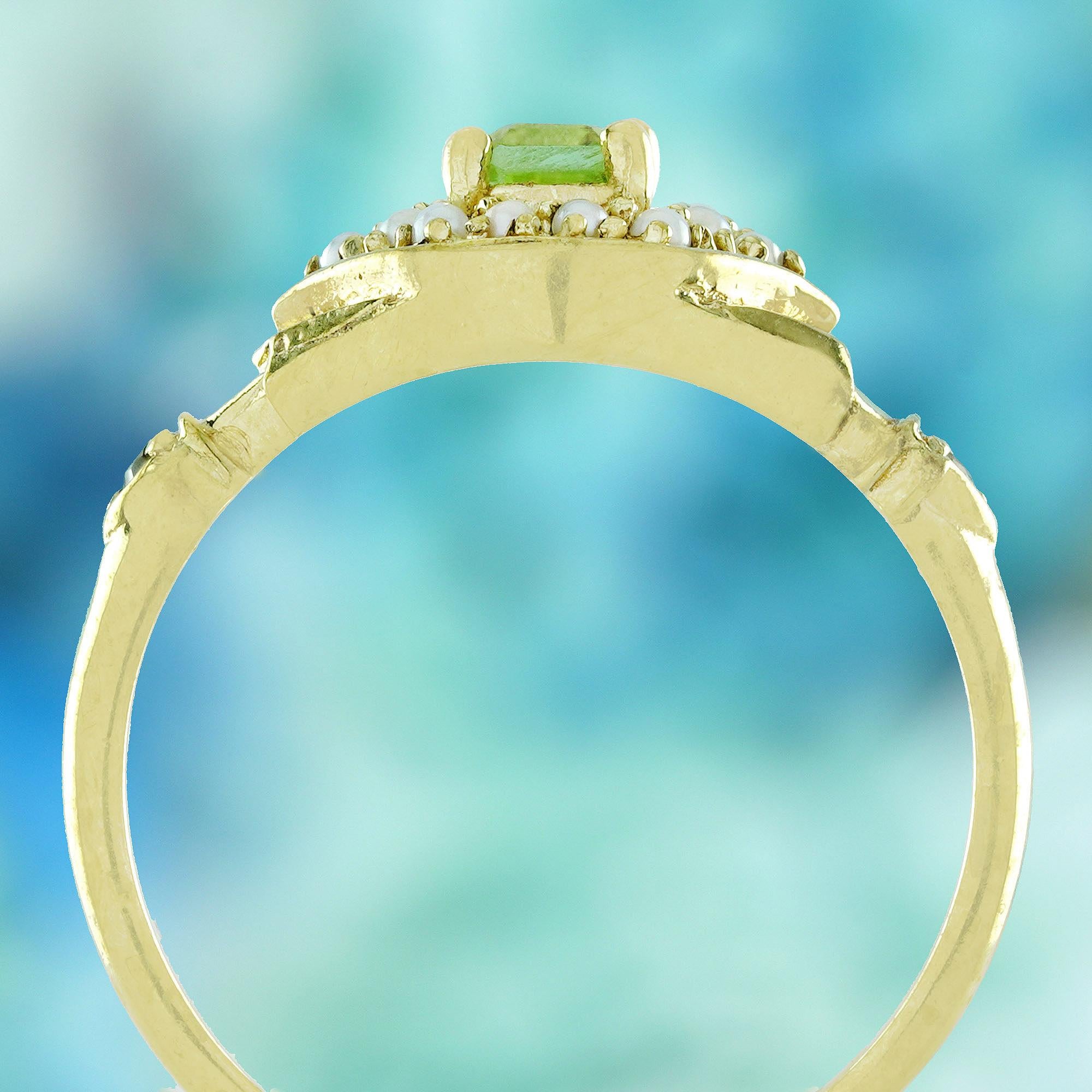 Natural Peridot and Pearl Vintage Style  Halo Ring in Solid 9K Yellow Gold In New Condition For Sale In Bangkok, TH