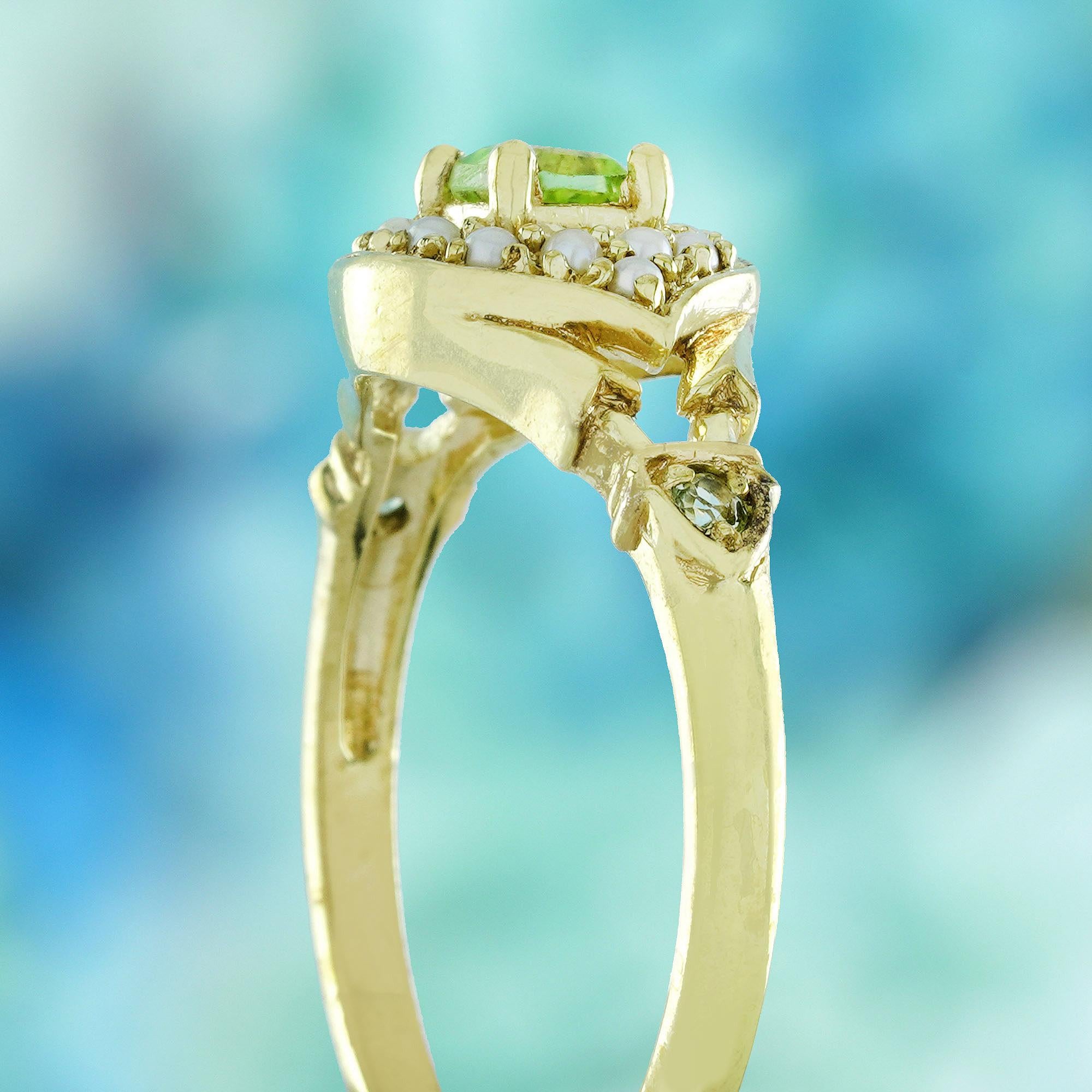 Women's Natural Peridot and Pearl Vintage Style  Halo Ring in Solid 9K Yellow Gold For Sale