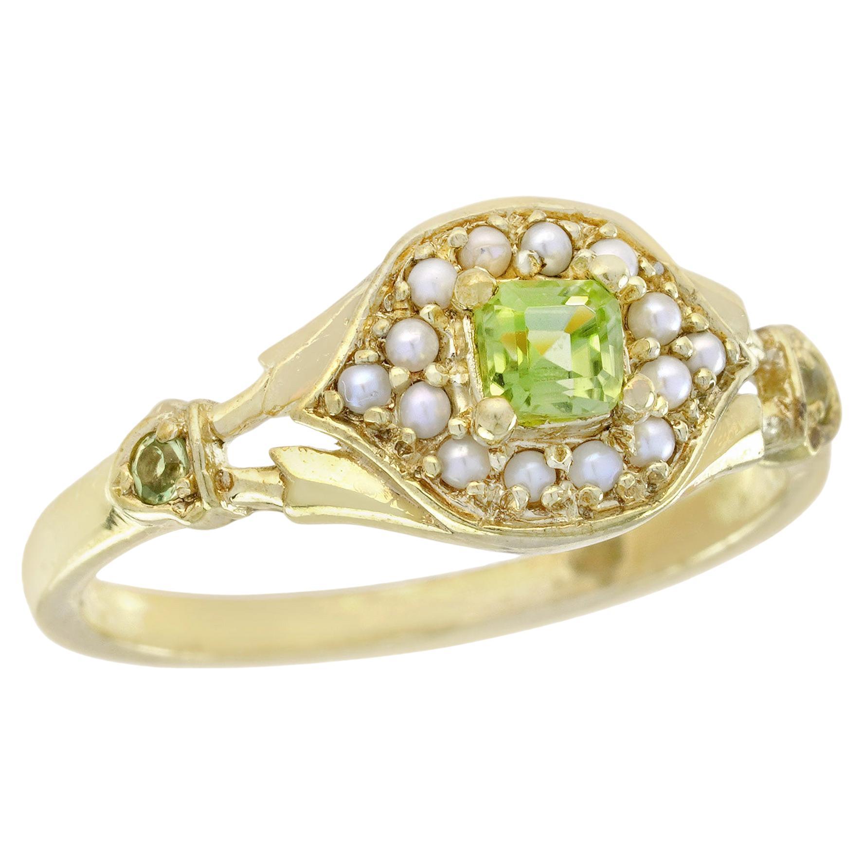 Natürlicher Peridot und Perle im Vintage-Stil  Halo-Ring aus massivem 9K Gelbgold