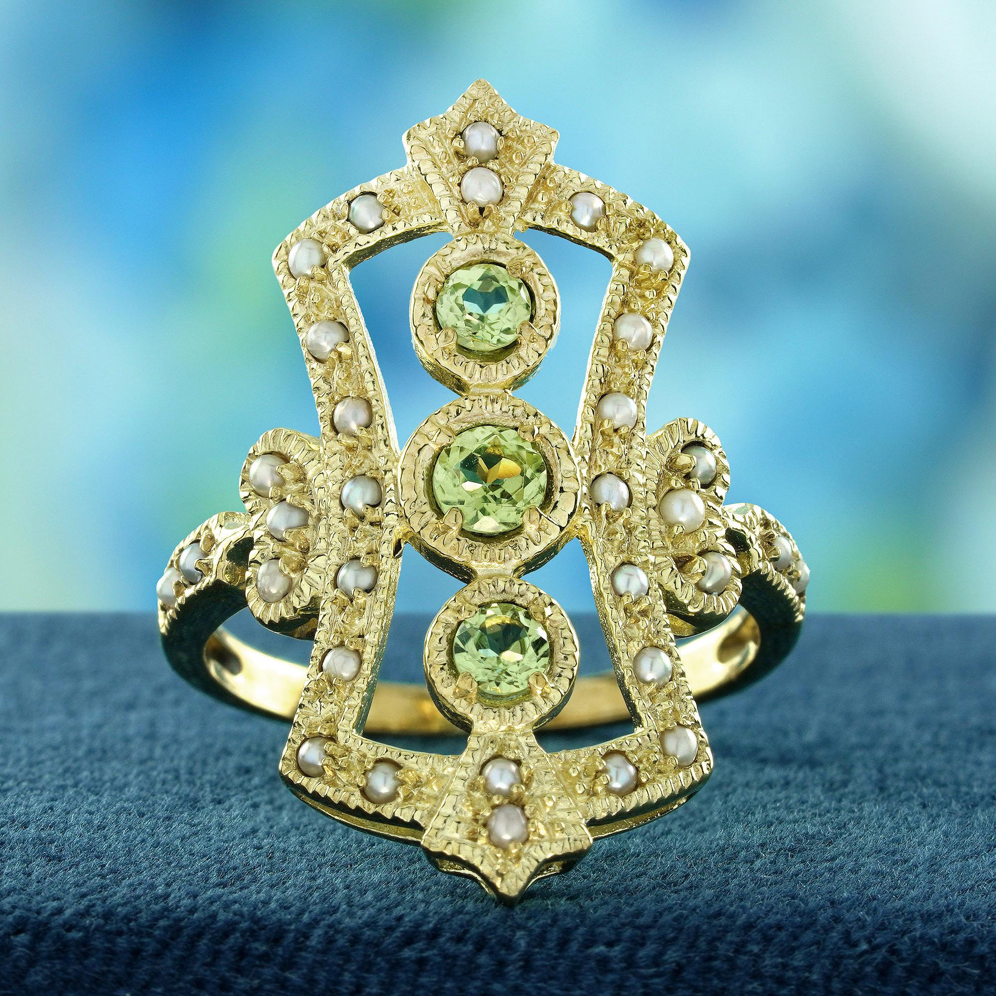 A timeless masterpiece crafted in luxurious gold. This exquisite three-stone ring showcases a vibrant peridot centerpiece, symbolizing renewal and energy, perfectly accented by luminous pearls that exude grace and sophistication. 
The