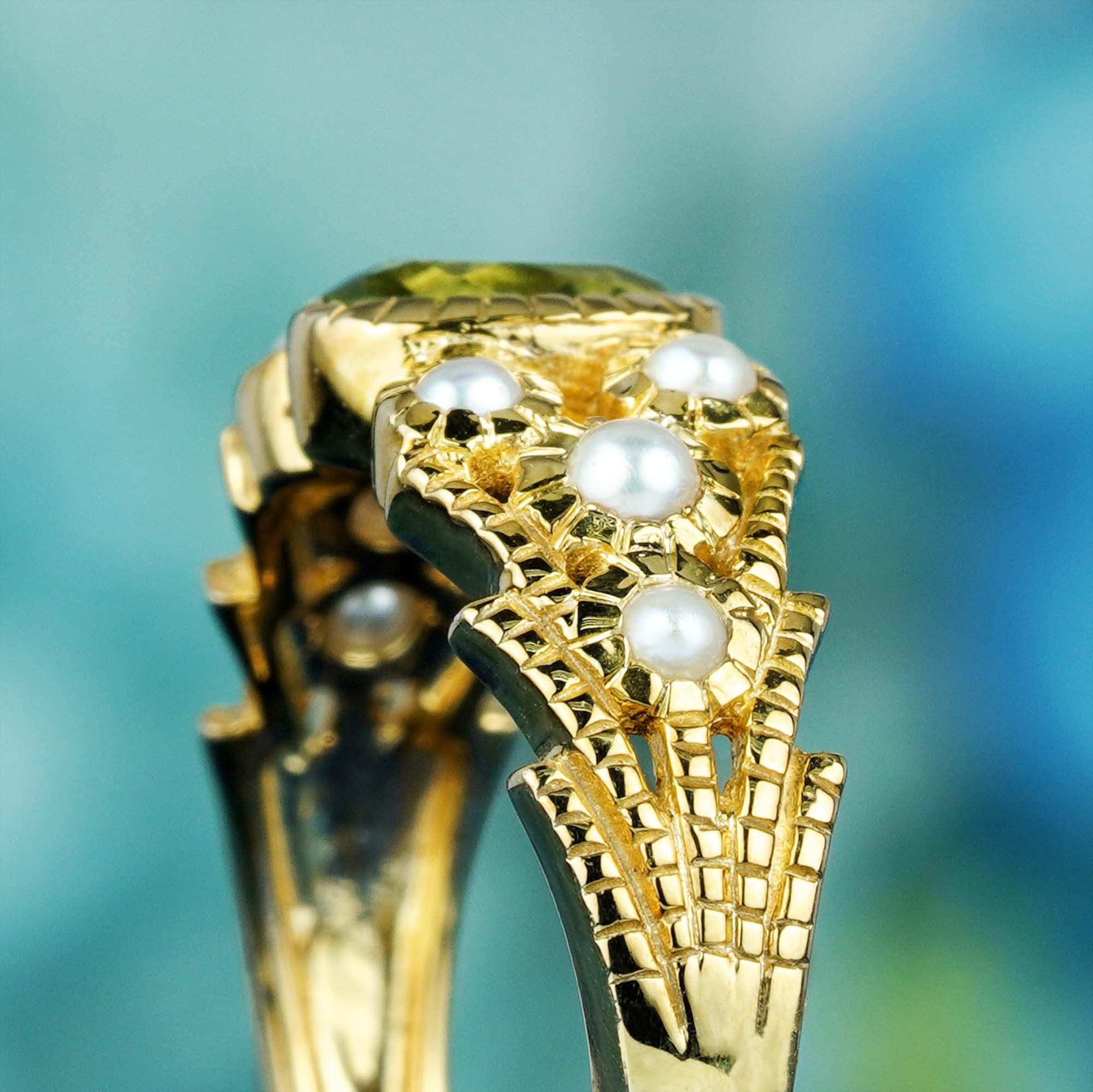 Bague solitaire de style vintage en or jaune 9 carats, péridot naturel et perle Pour femmes en vente