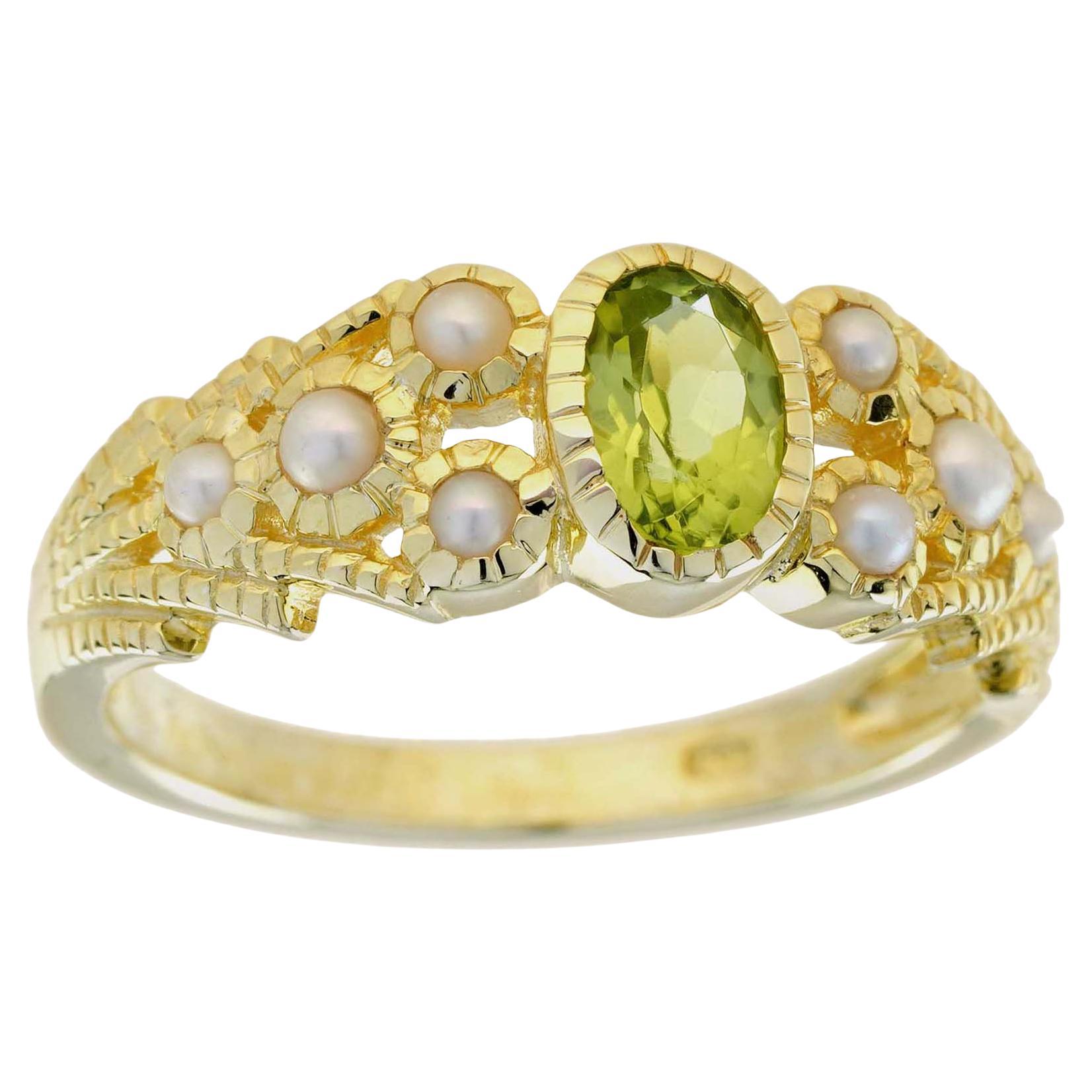 Natural Peridot and Pearl Vintage Style Solitaire Ring in Solid 9K Yellow Gold