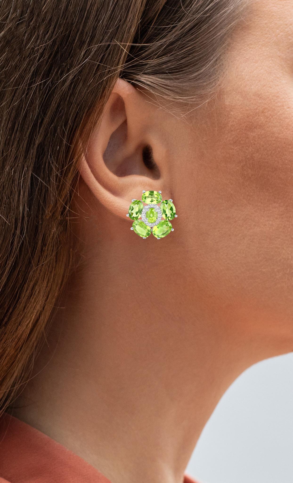 Cushion Cut Natural Peridot and White Topaz Floral Earrings 9.3 Carats For Sale