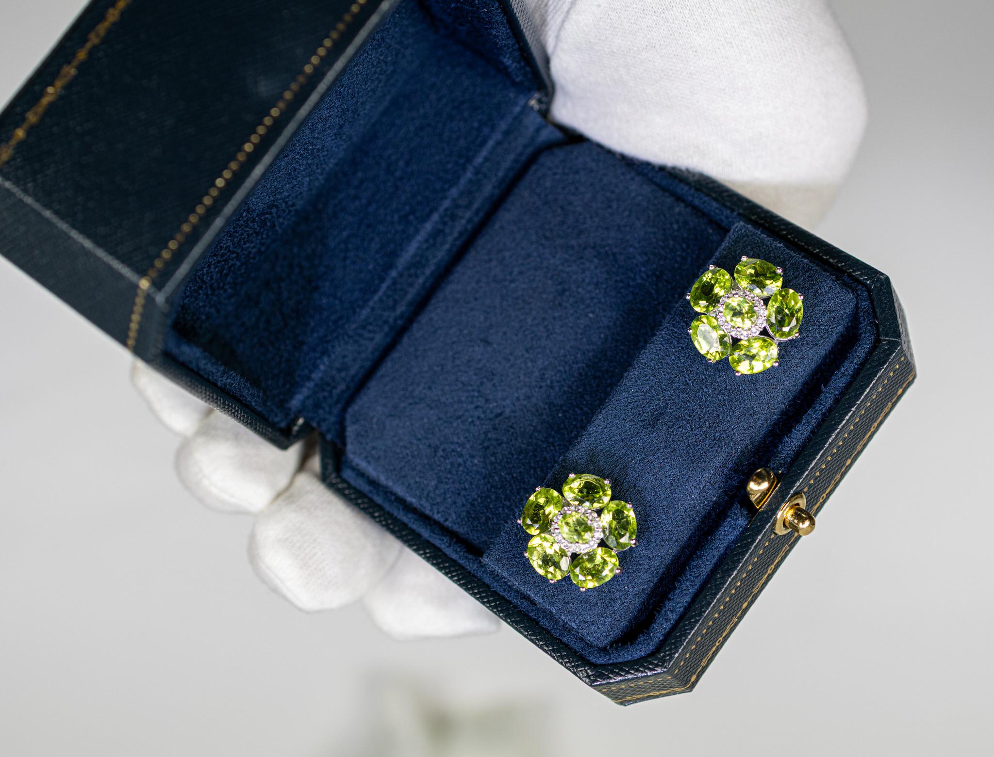 Cushion Cut Natural Peridot and White Topaz Floral Earrings 9.3 Carats For Sale