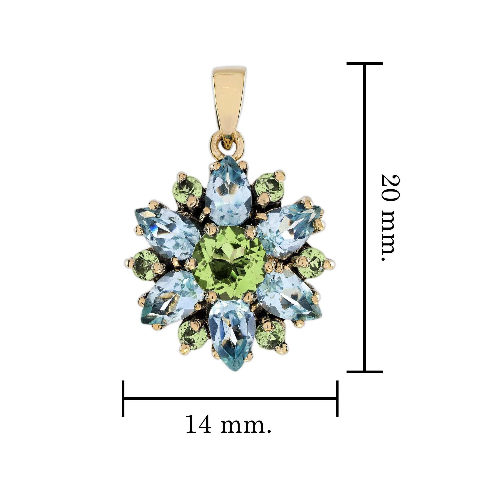 Natural Peridot Blue Topaz Vintage Style Flower Bloom Pendant in 9K Yellow Gold In New Condition For Sale In Bangkok, TH