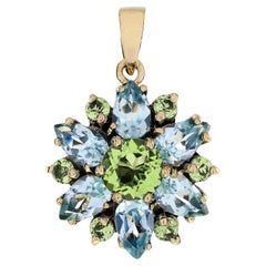 Natural Peridot Blue Topaz Vintage Style Flower Bloom Pendant in 9K Yellow Gold