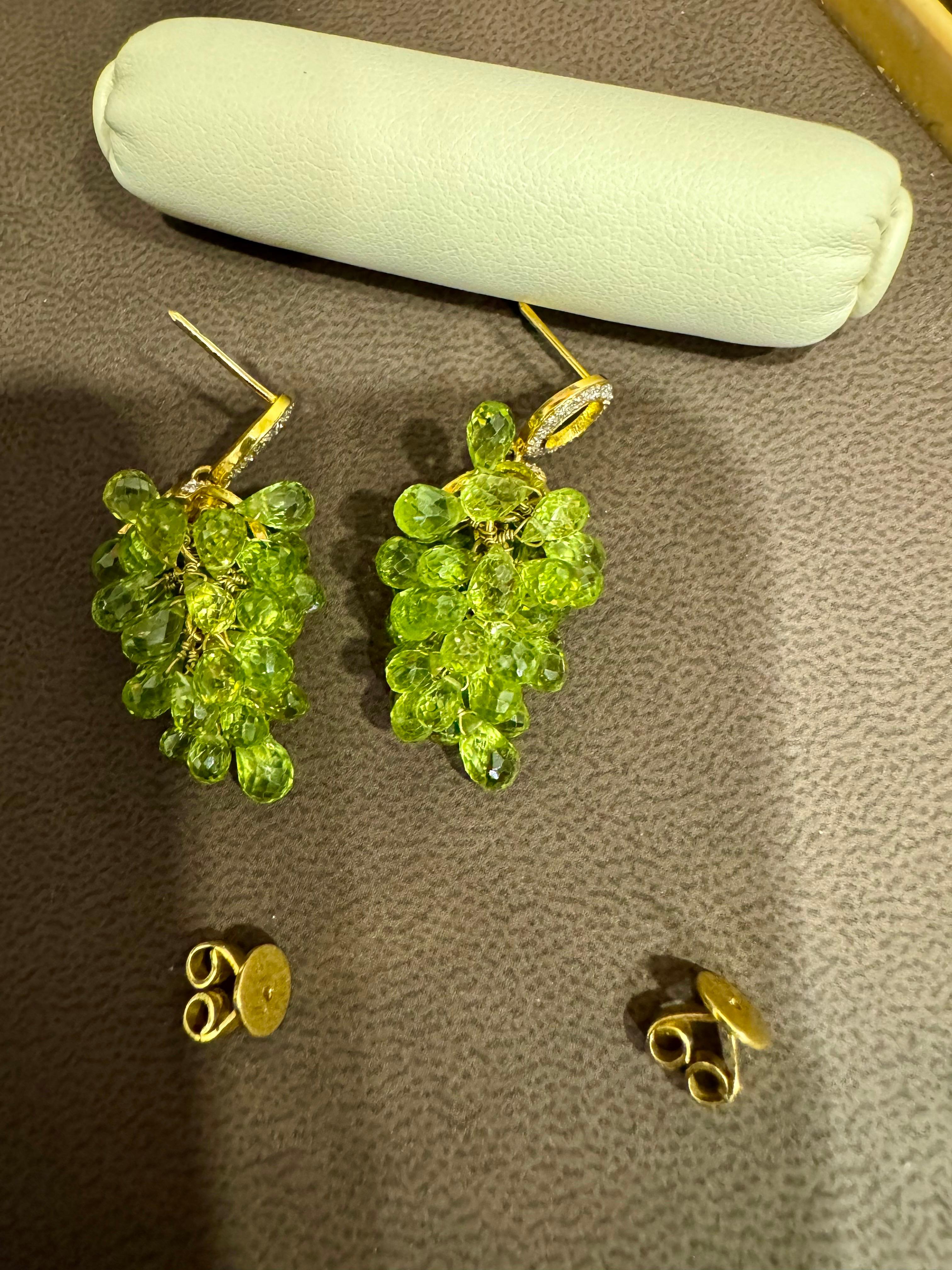 Natural Peridot Briolette and Diamond Hanging Earrings 18 Karat Yellow Gold In Excellent Condition For Sale In New York, NY