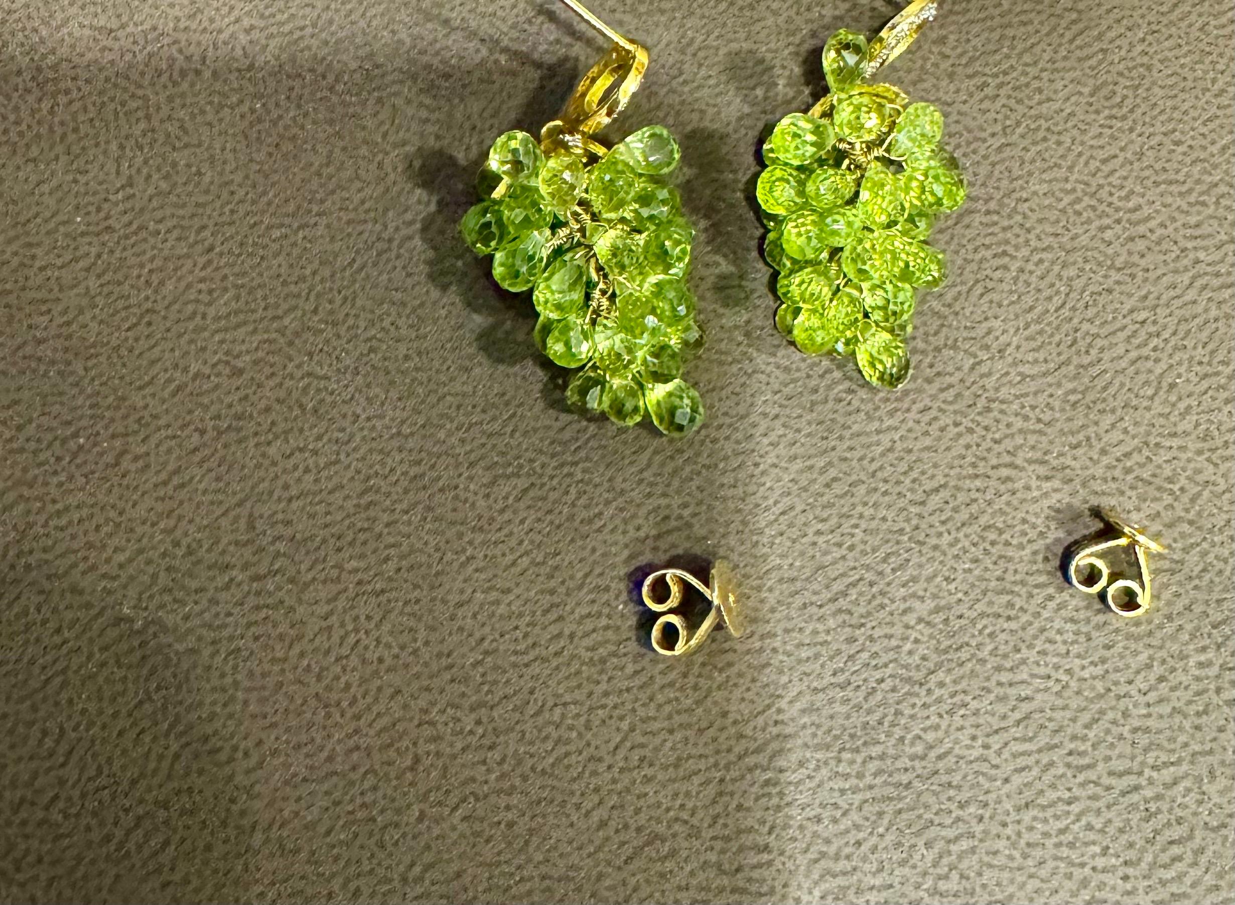Women's Natural Peridot Briolette and Diamond Hanging Earrings 18 Karat Yellow Gold For Sale