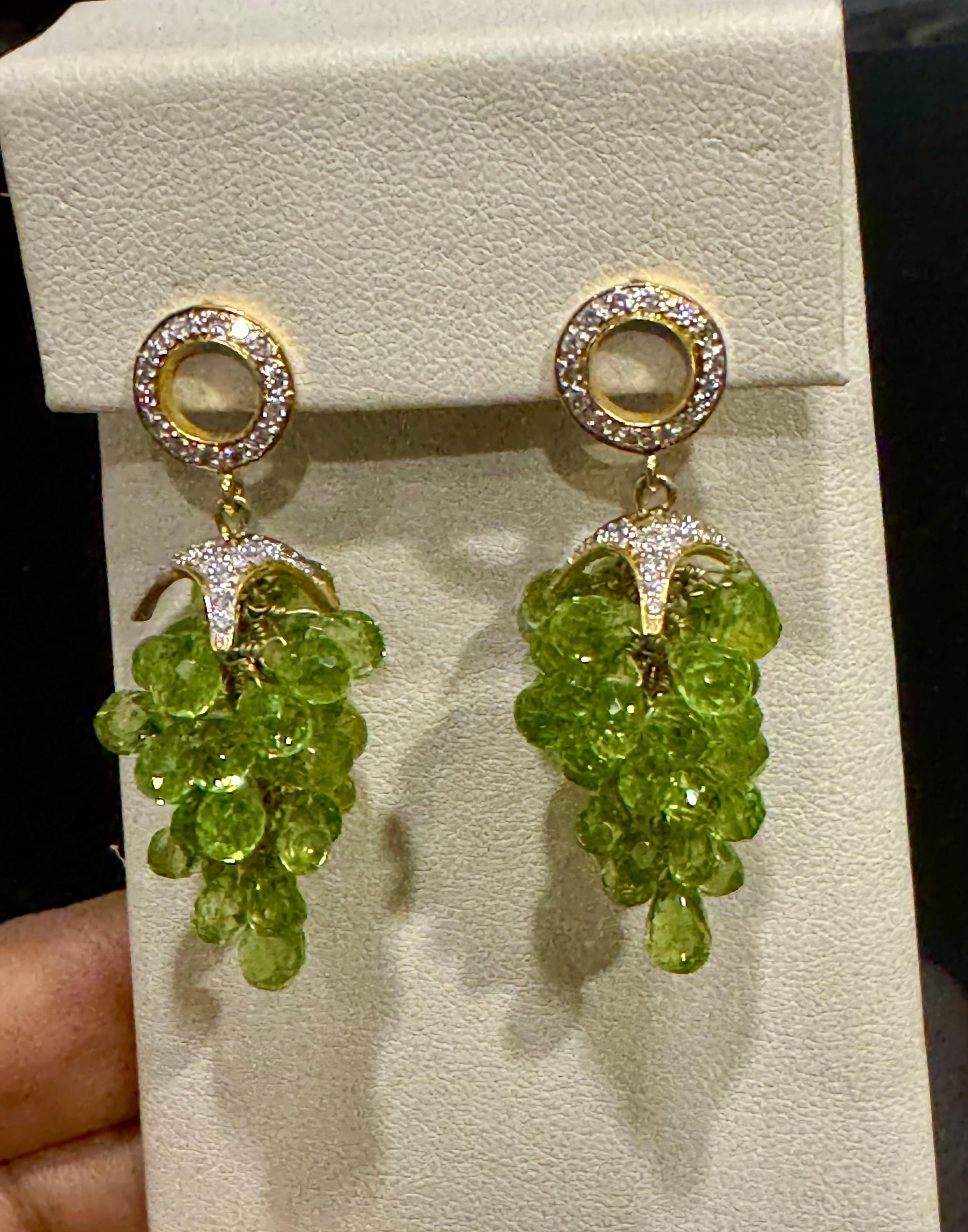 Natural Peridot Briolette and Diamond Hanging Earrings 18 Karat Yellow Gold For Sale 1