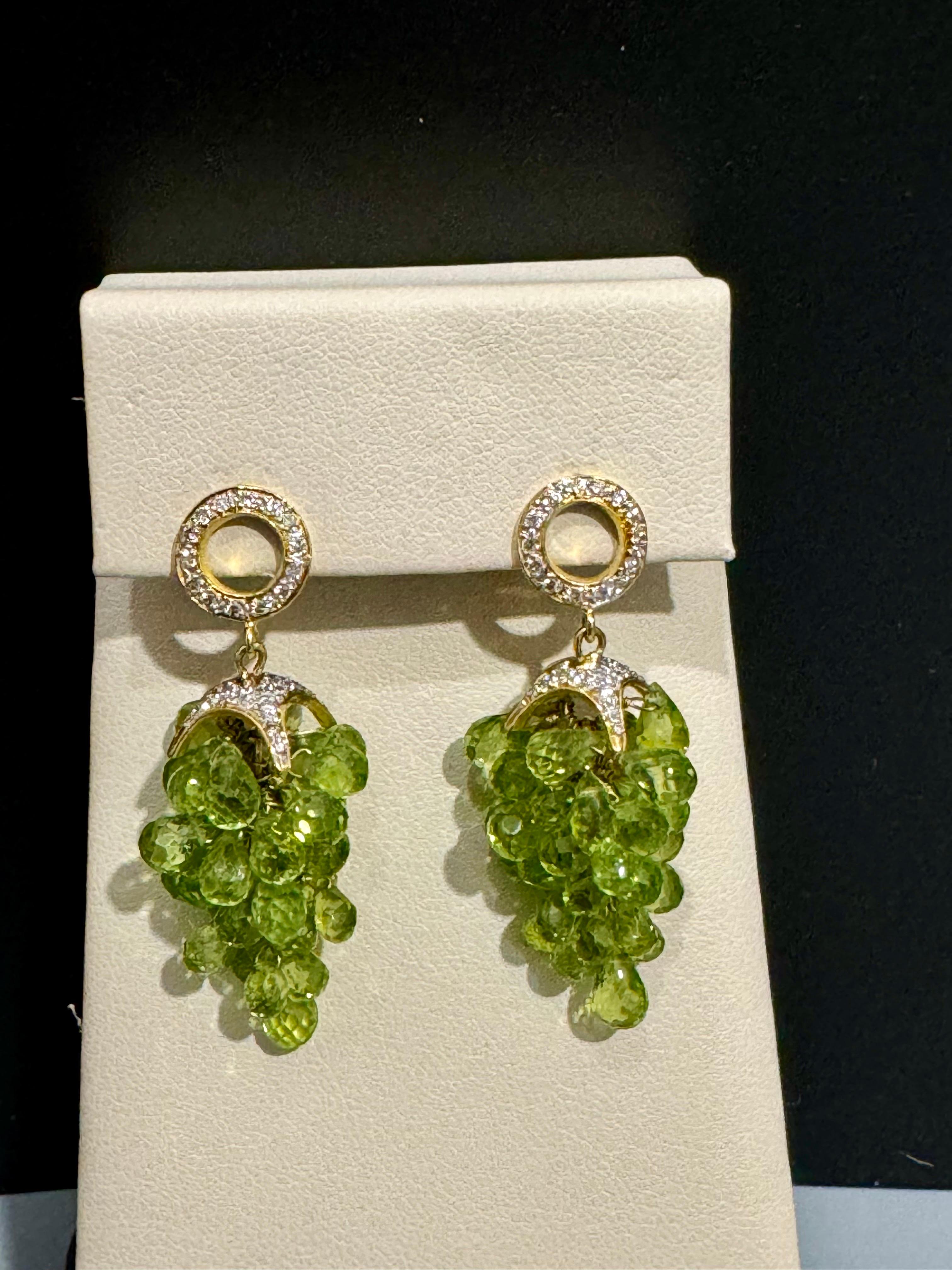 Natural Peridot Briolette and Diamond Hanging Earrings 18 Karat Yellow Gold For Sale 2