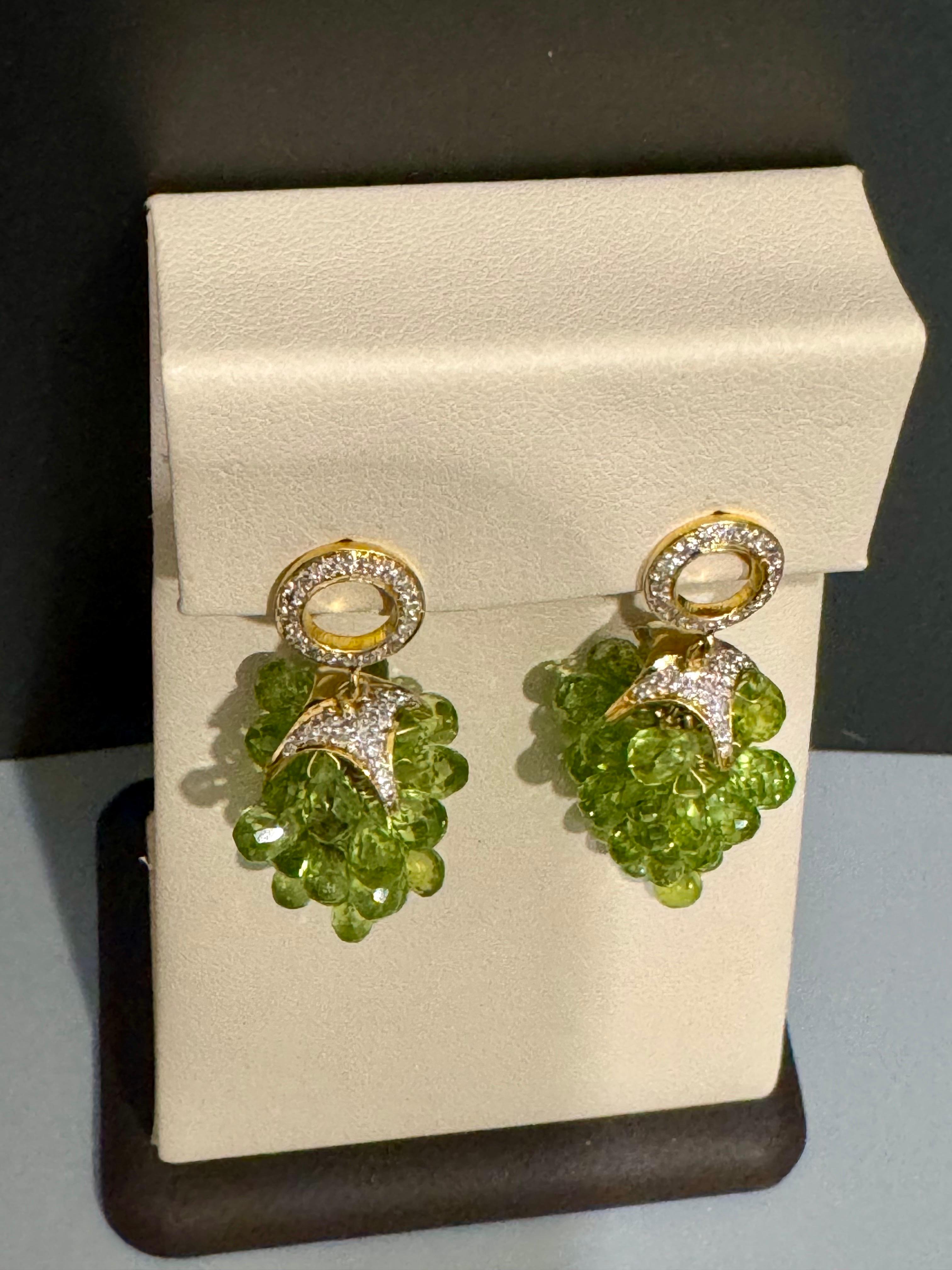 Natural Peridot Briolette and Diamond Hanging Earrings 18 Karat Yellow Gold For Sale 3