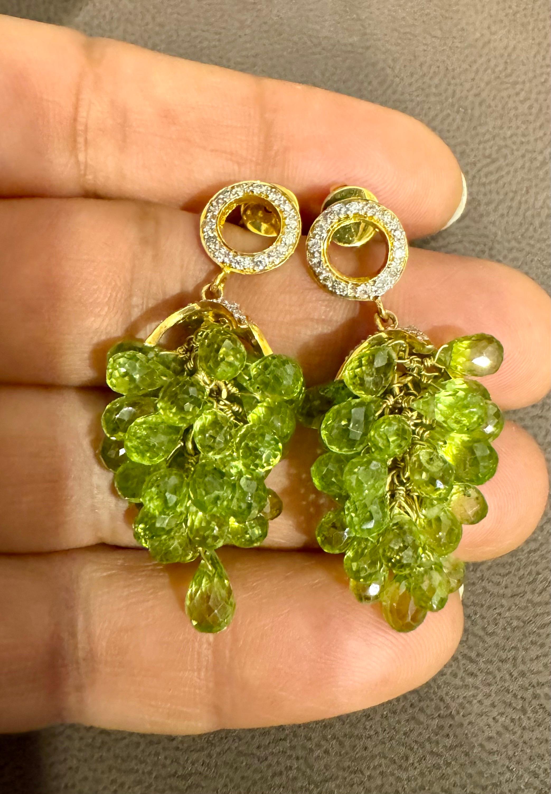 Natural Peridot Briolette and Diamond Hanging Earrings 18 Karat Yellow Gold For Sale 4