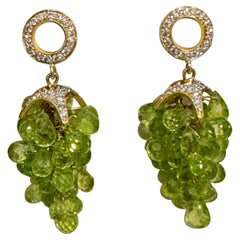 Natural Peridot Briolette and Diamond Hanging Earrings 18 Karat Yellow Gold