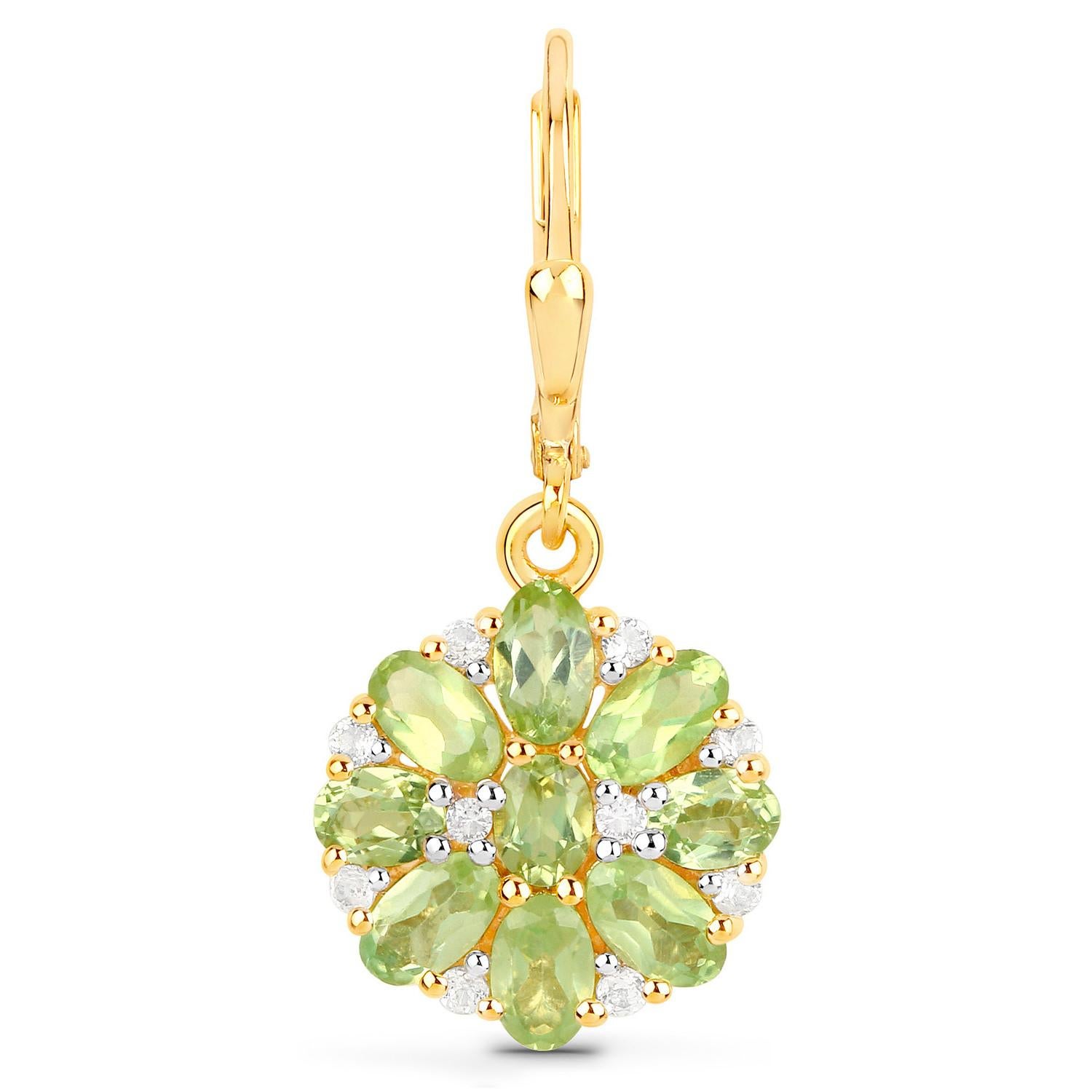 Mixed Cut Natural Peridot Cluster Earrings White Topaz 4.2 Carats 18K Gold Plated Silver For Sale