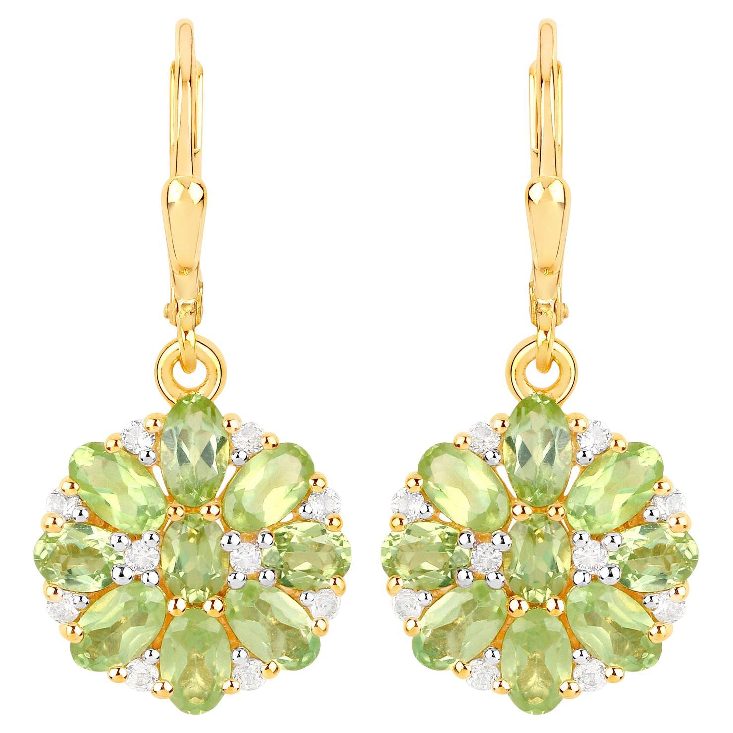Natural Peridot Cluster Earrings White Topaz 4.2 Carats 18K Gold Plated Silver For Sale