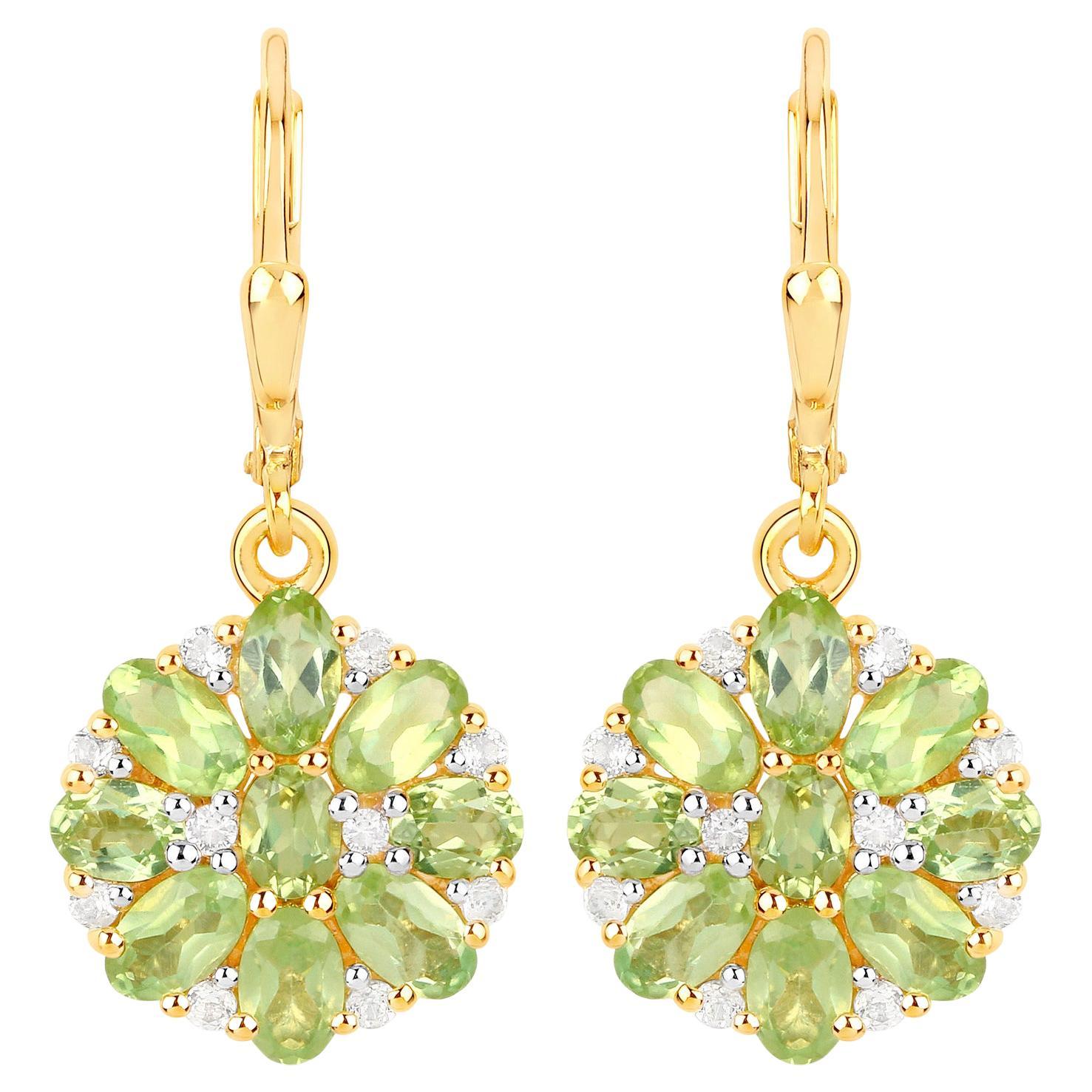 Natural Peridot Cluster Earrings White Topaz 4.2 Carats 18K Gold Plated Silver