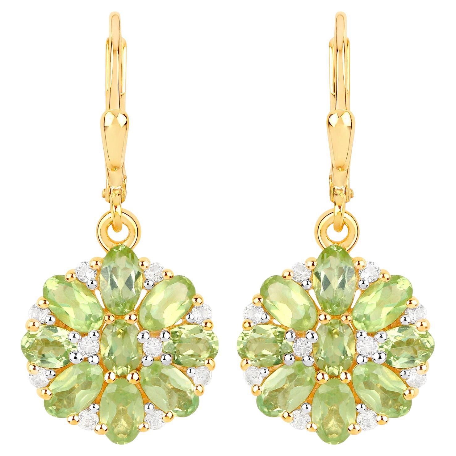 Natural Peridot Cluster Earrings White Topaz 4.2 Carats 18K Gold Plated Silver