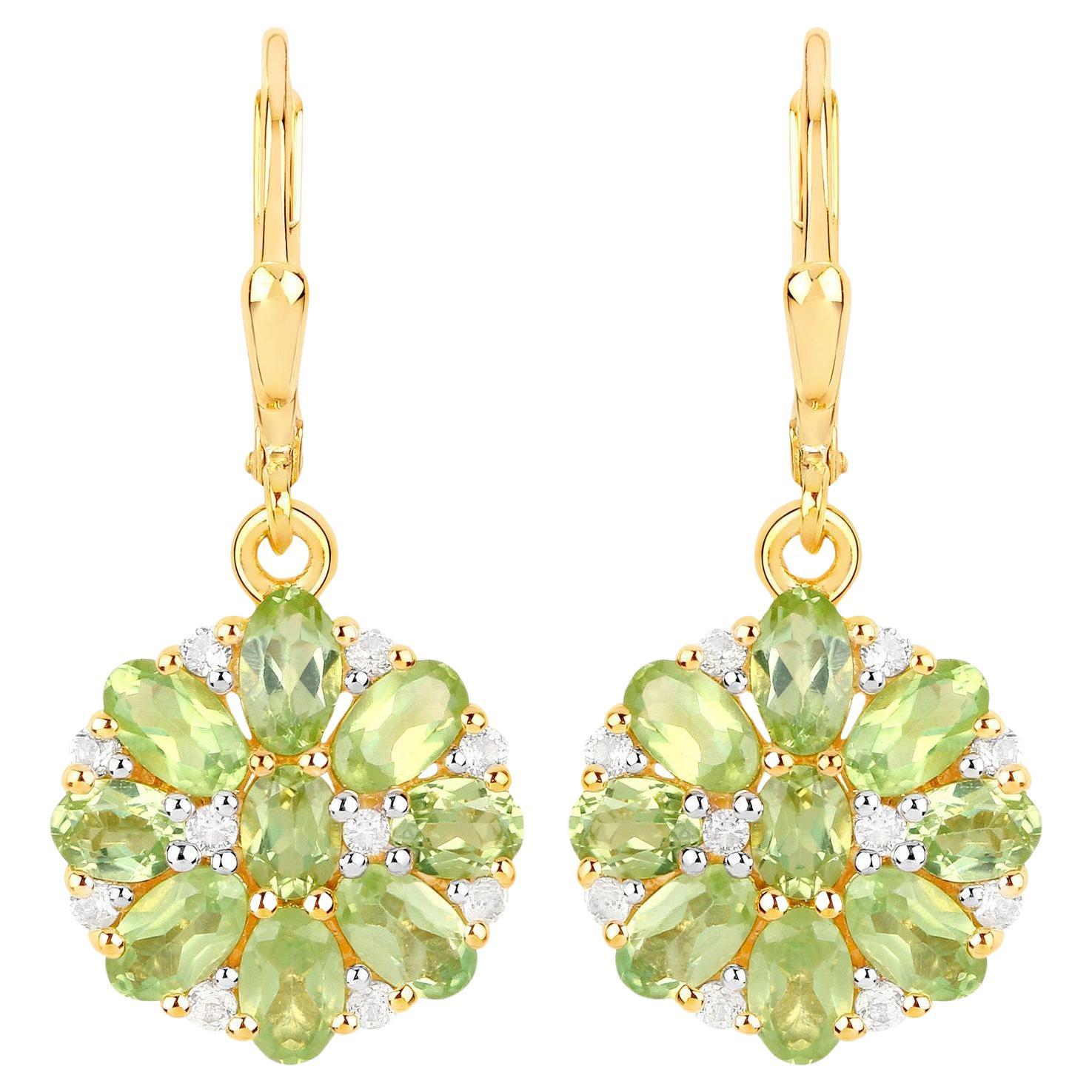 Natural Peridot Cluster Earrings White Topaz 4.2 Carats 18K Gold Plated Silver