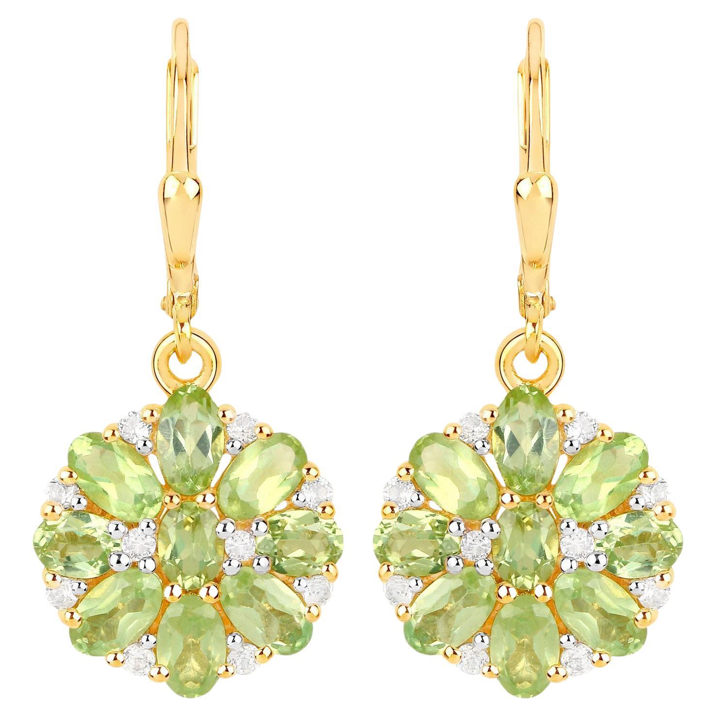 Natural Peridot Cluster Earrings White Topaz 4.2 Carats 18K Gold Plated Silver For Sale