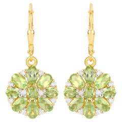 Natural Peridot Cluster Earrings White Topaz 4.2 Carats 18K Gold Plated Silver