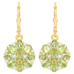 Natural Peridot Cluster Earrings White Topaz 4.2 Carats 18K Gold Plated Silver