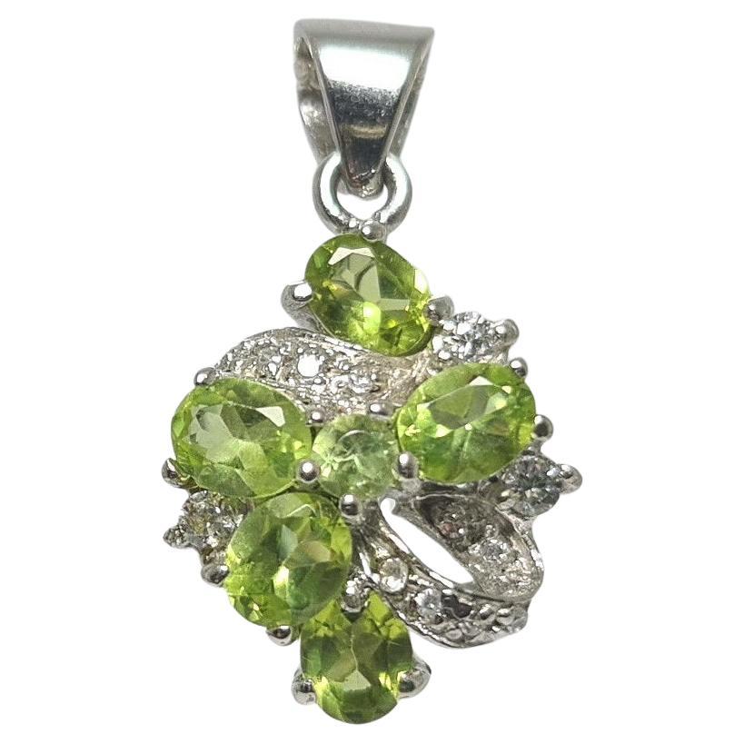 Natural Peridot Cubic Zirconia .925 Sterling Silver Rhodium Plated Pendant  For Sale