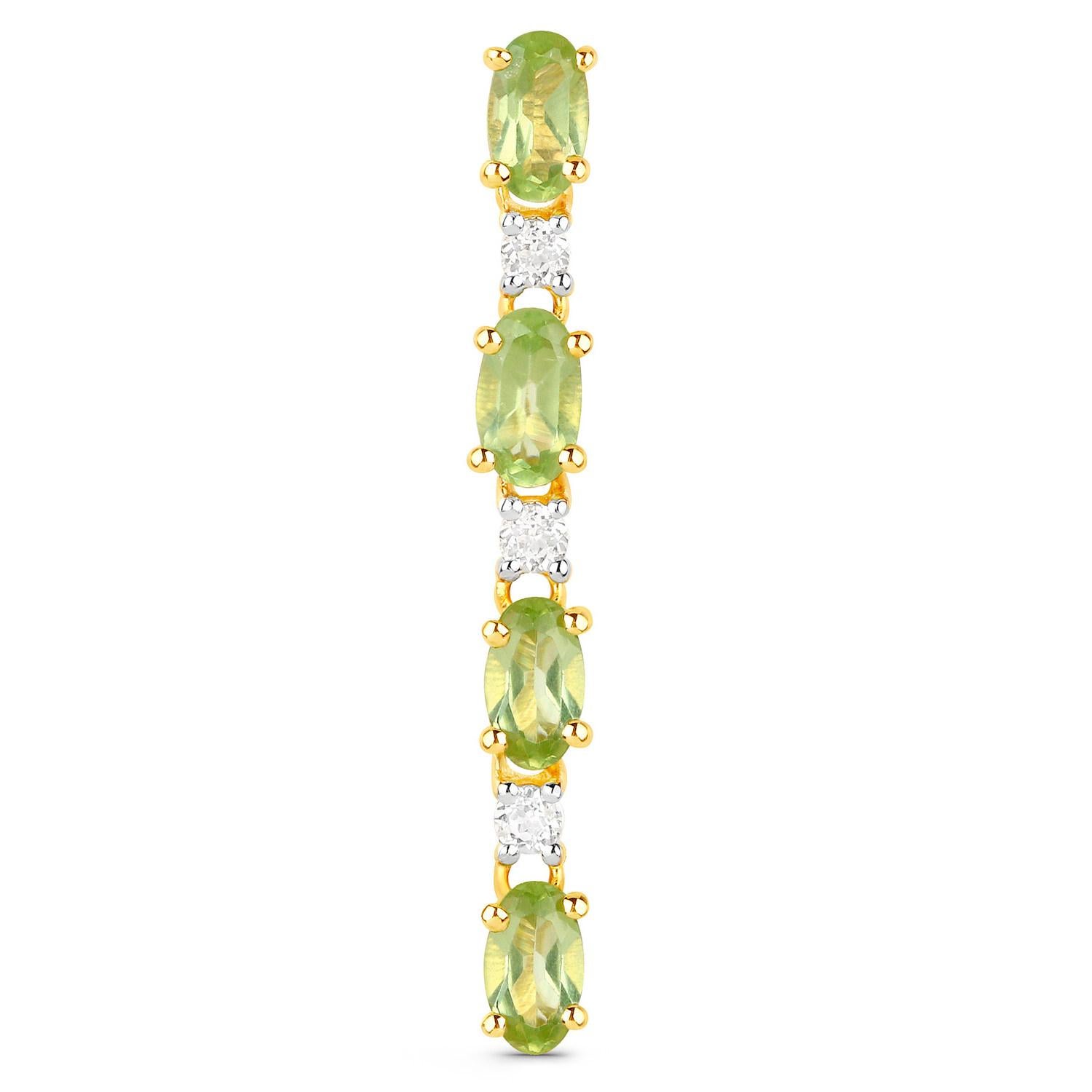 Oval Cut Natural Peridot Dangle Earrings White Topaz 2.1 Carats 18K Gold Plated Silver For Sale