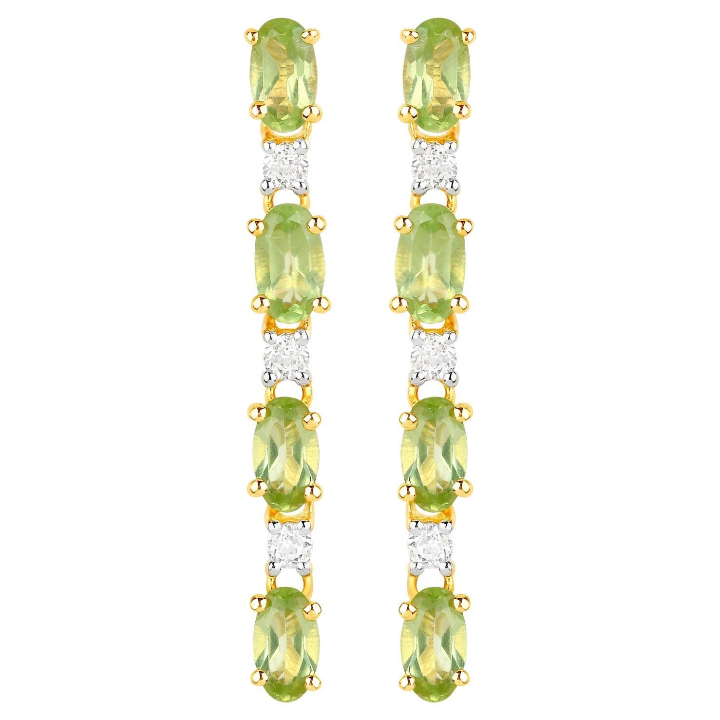 Natural Peridot Dangle Earrings White Topaz 2.1 Carats 18K Gold Plated Silver
