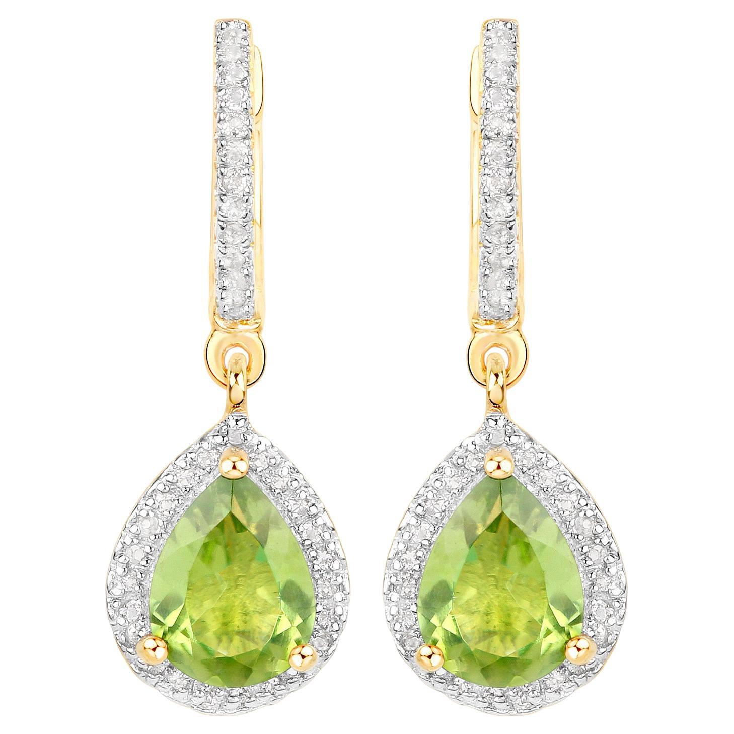Natural Peridot Dangle Earrings White Topaz 2.16 Carats 18K Gold Plated Silver For Sale