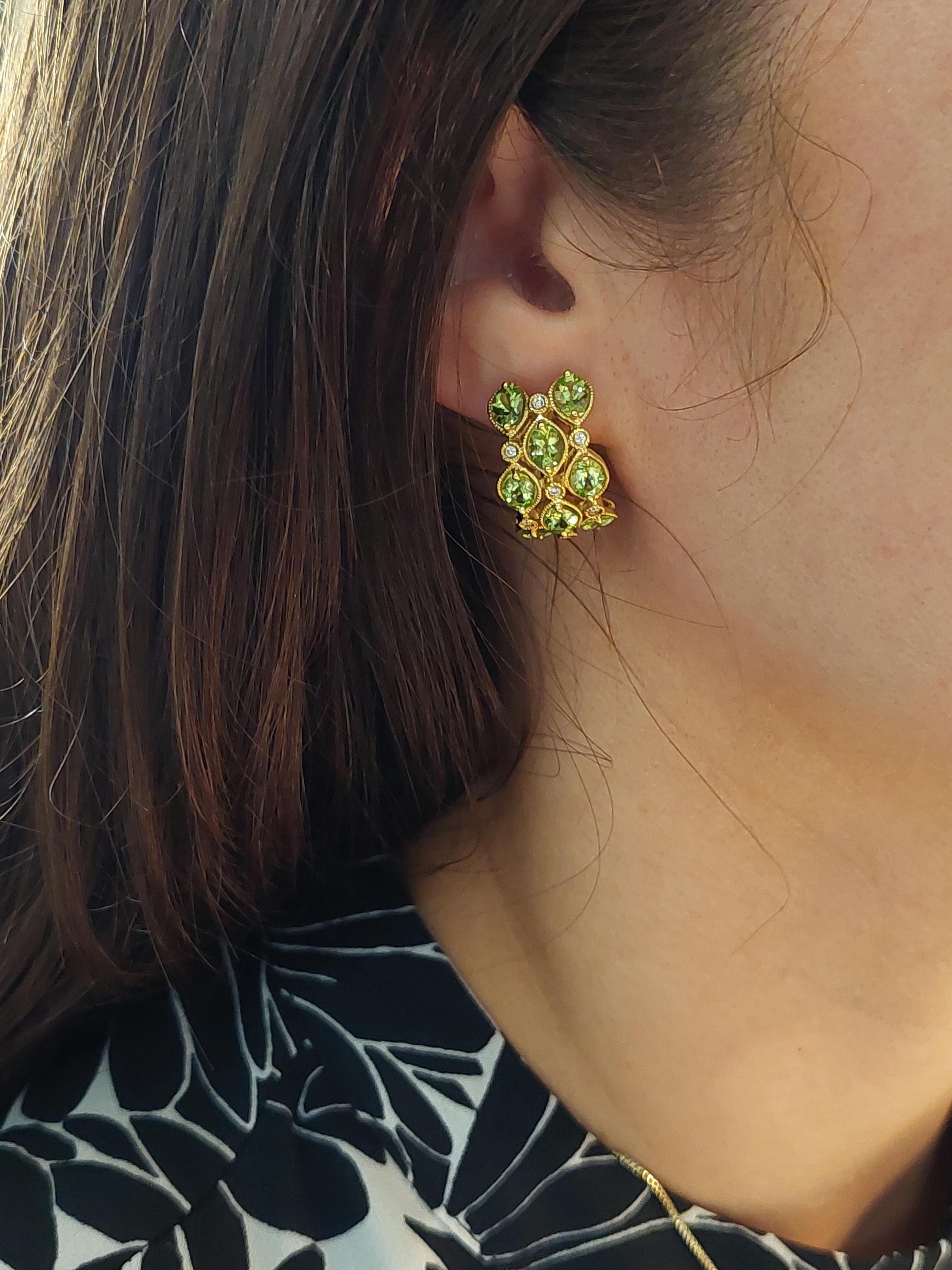 Natural Peridot & Diamond 18KT Earrings For Sale 4