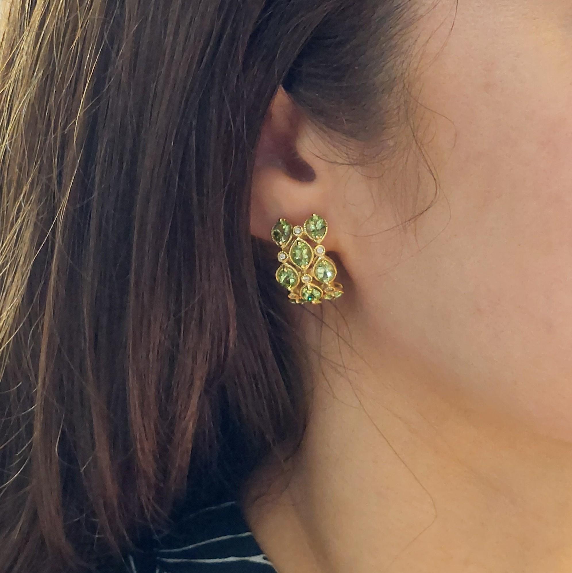 Round Cut Natural Peridot & Diamond 18KT Earrings For Sale
