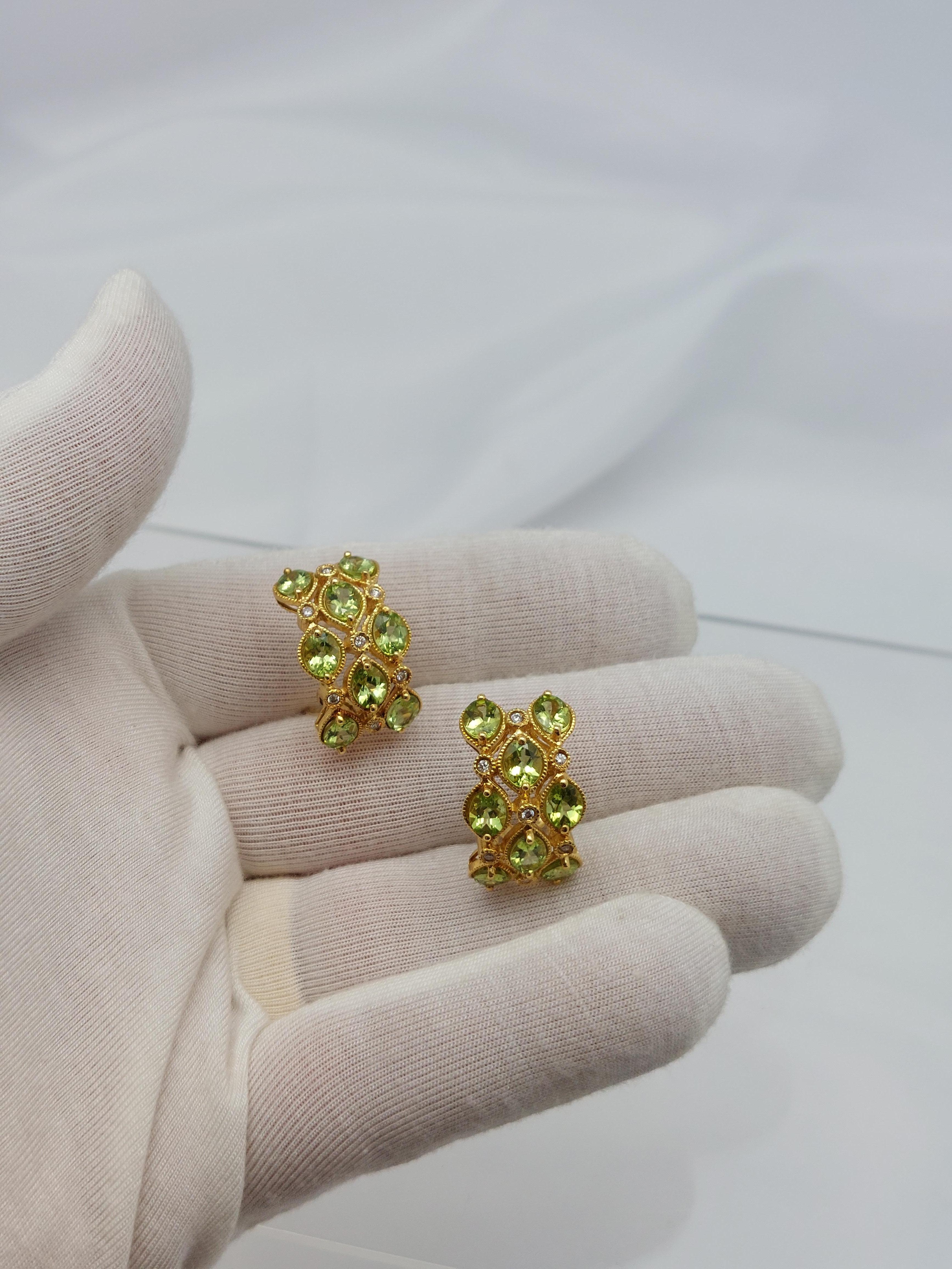 Natural Peridot & Diamond 18KT Earrings For Sale 3
