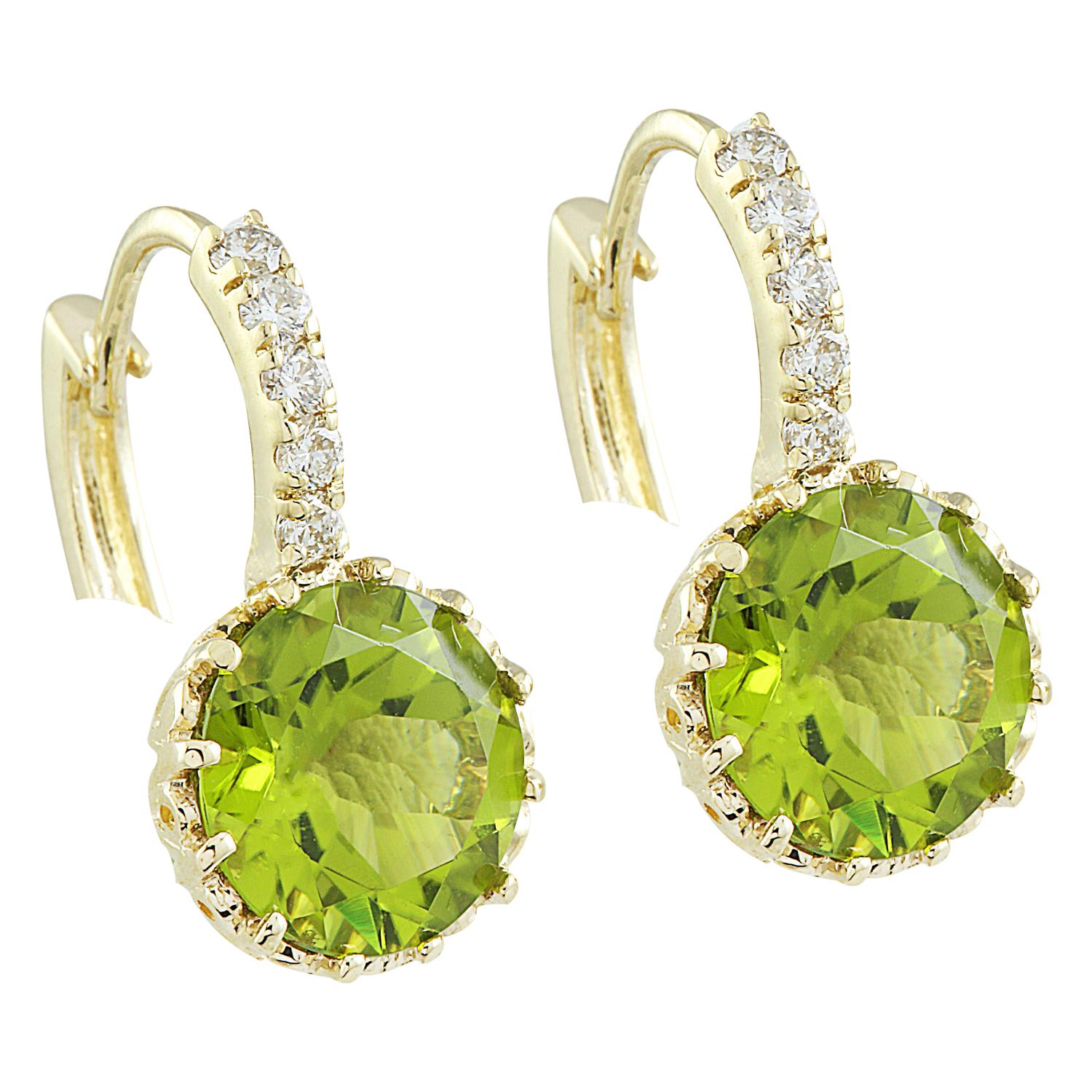 5.15 Carat Natural Peridot 14 Karat Solid Yellow Gold Diamond Earrings
Stamped: 14K 
Total Earrings Weight: 3.8 Grams 
Peridot Weight: 4.90 Carat (8.50x8.50 Millimeters) 
Diamond Weight: 0.25 Carat (F-G Color, VS2-SI1 Clarity )
Length: 0.72