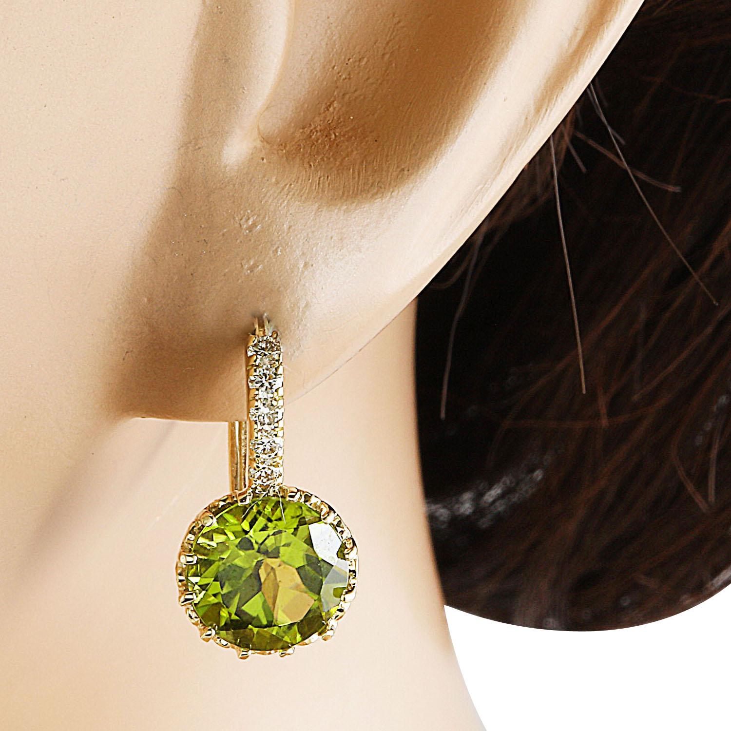 Round Cut Natural Peridot Diamond Earrings in 14 Karat Solid Yellow Gold  For Sale