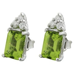 Natural Peridot Diamond Earrings In 14 Karat White Gold