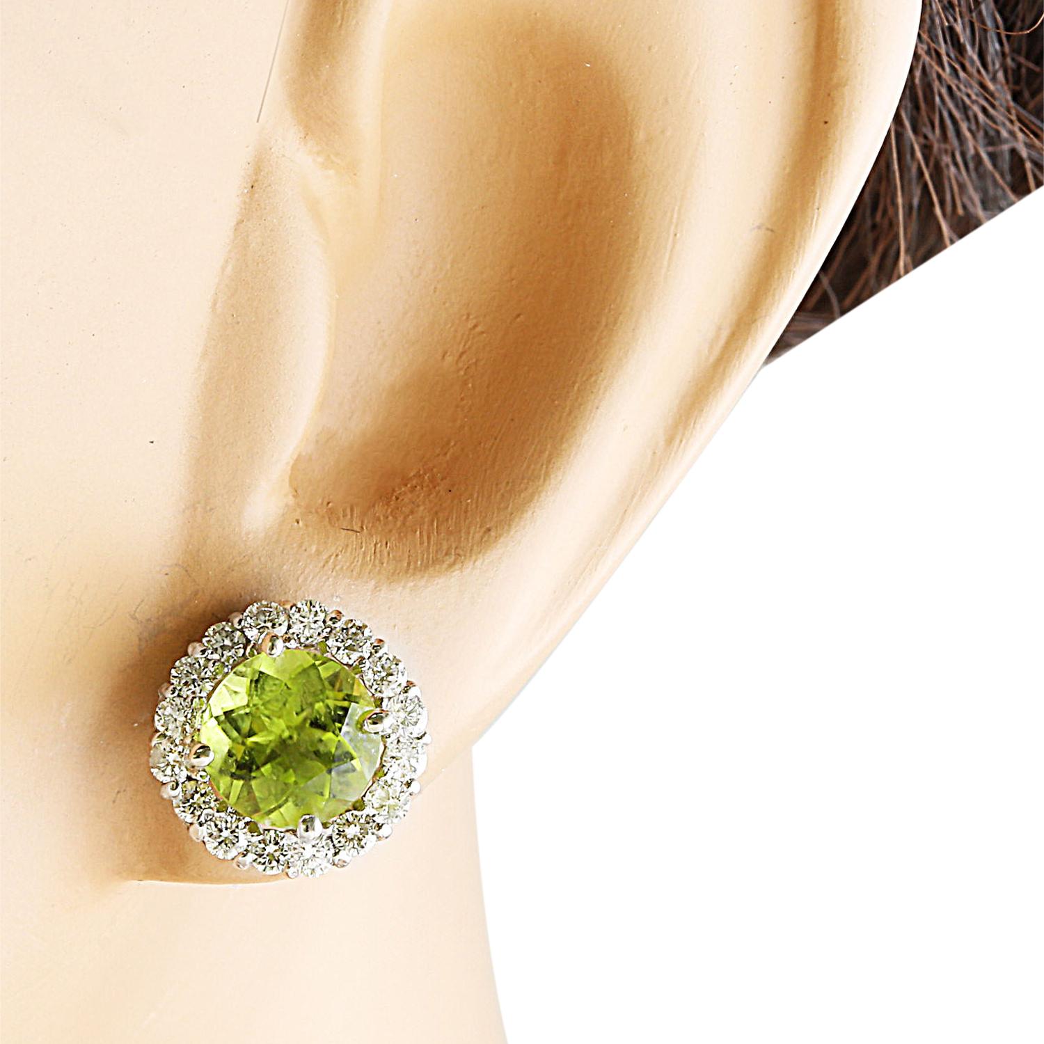 Round Cut Natural Peridot Diamond Earrings In 14 Karat White Gold For Sale