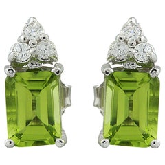 Natürliche Peridot-Diamant-Ohrringe aus 14 Karat Weißgold