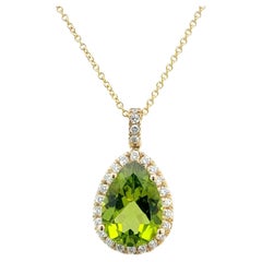 Natural Peridot Diamond Halo Pendant 18" 14k Gold 6.42 TCW Certified