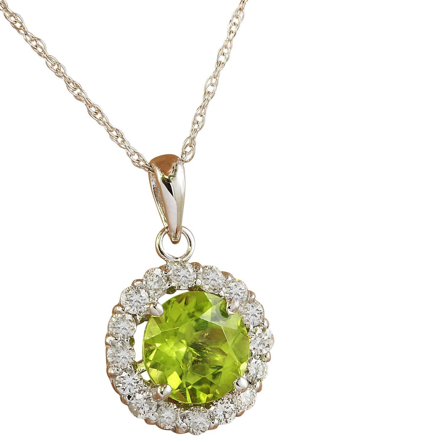 1.82 Carat Natural Peridot 14 Karat Solid White Gold Diamond Necklace
Stamped: 14K
Total Necklace Weight: 0.90 Grams
Necklace Length 18 Inches
Peridot Weight: 1.50 Carat (7.00x7.00 Millimeters)
Diamond Weight: 0.32 Carat (F-G Color, VS2-SI1 Clarity)