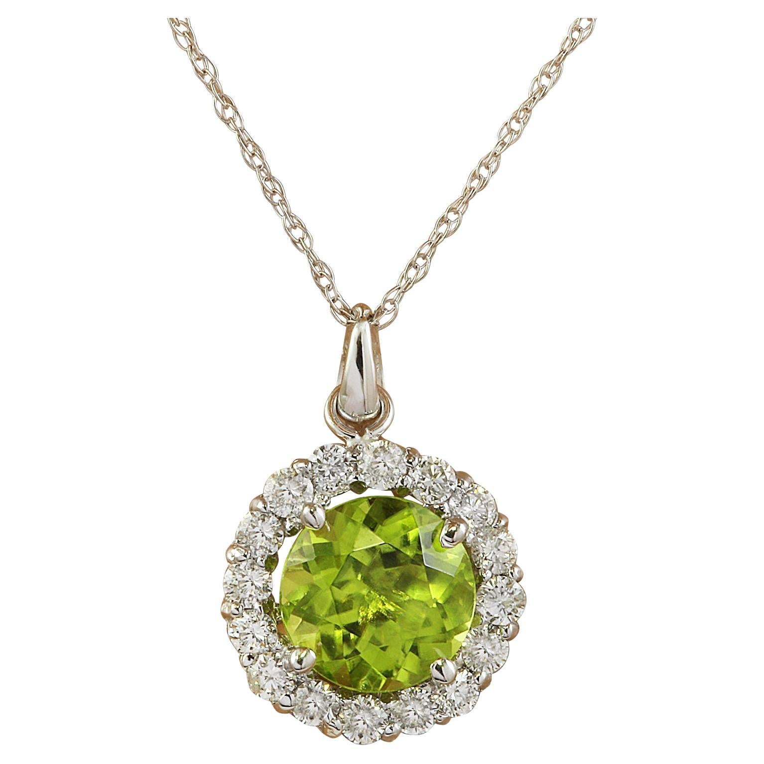 Natural Peridot Diamond Necklace In 14 Karat White Gold For Sale