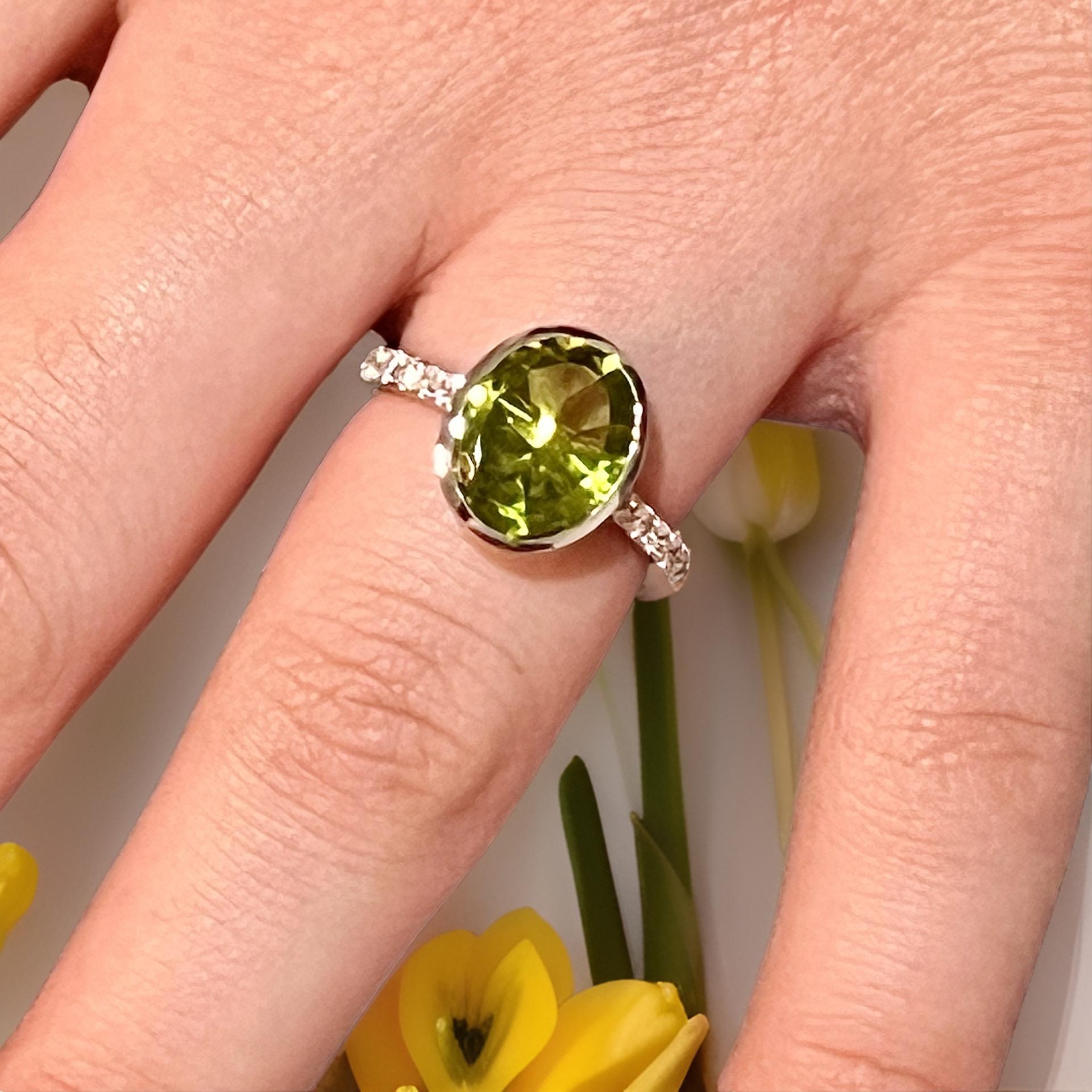 Natural Peridot Diamond Ring 6.5 14k W Gold 3.49 TCW Certified For Sale 5