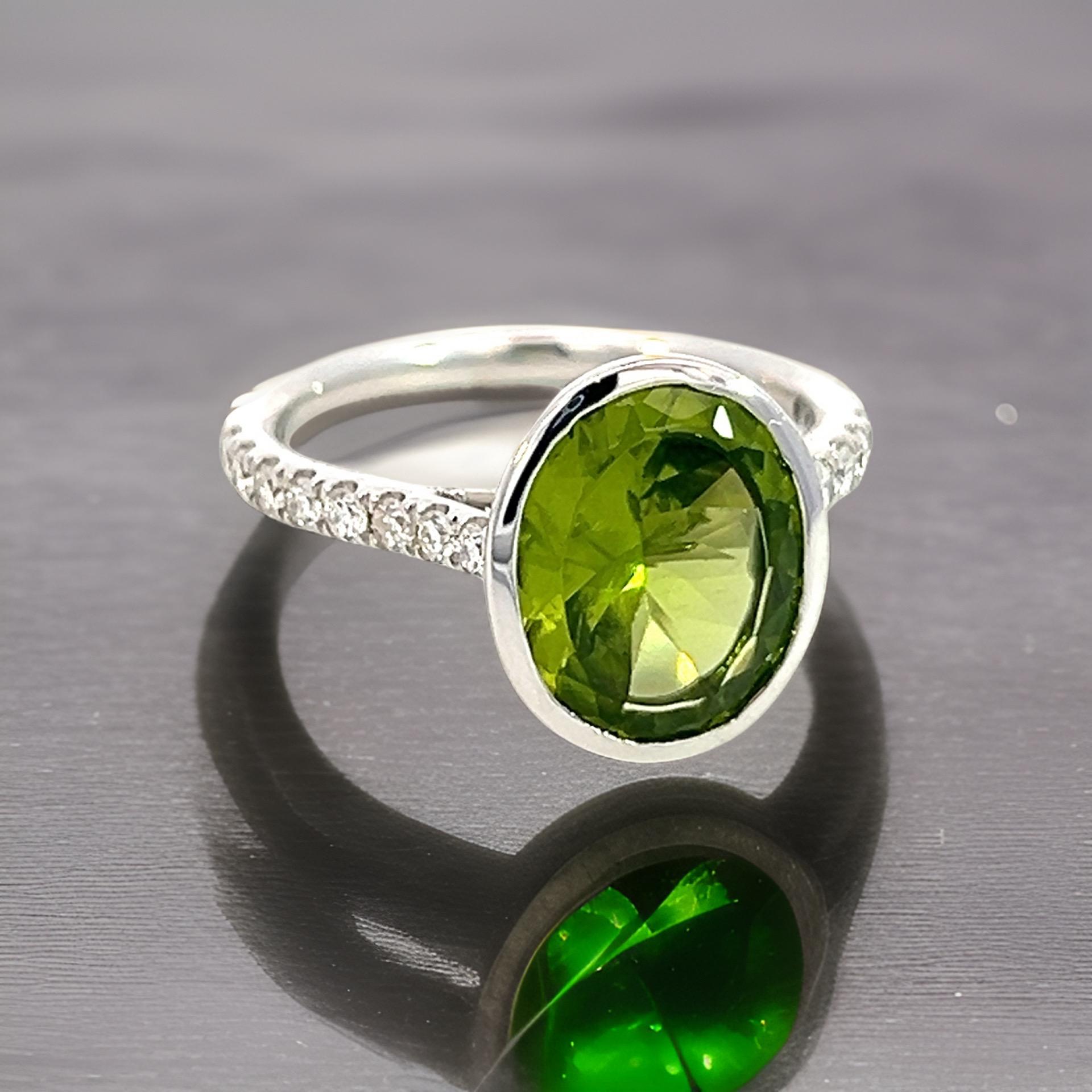 Natural Peridot Diamond Ring 6.5 14k W Gold 3.49 TCW Certified For Sale 6