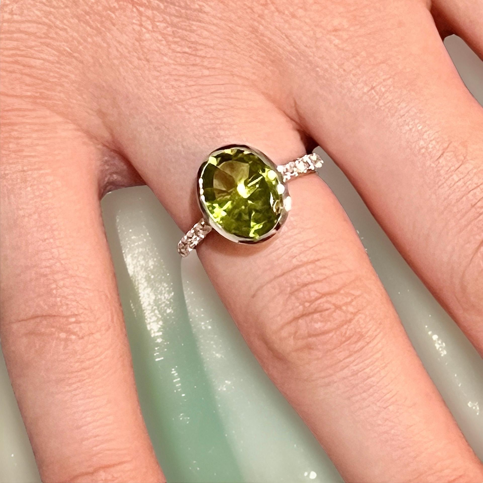 Natural Peridot Diamond Ring 6.5 14k W Gold 3.49 TCW Certified 7